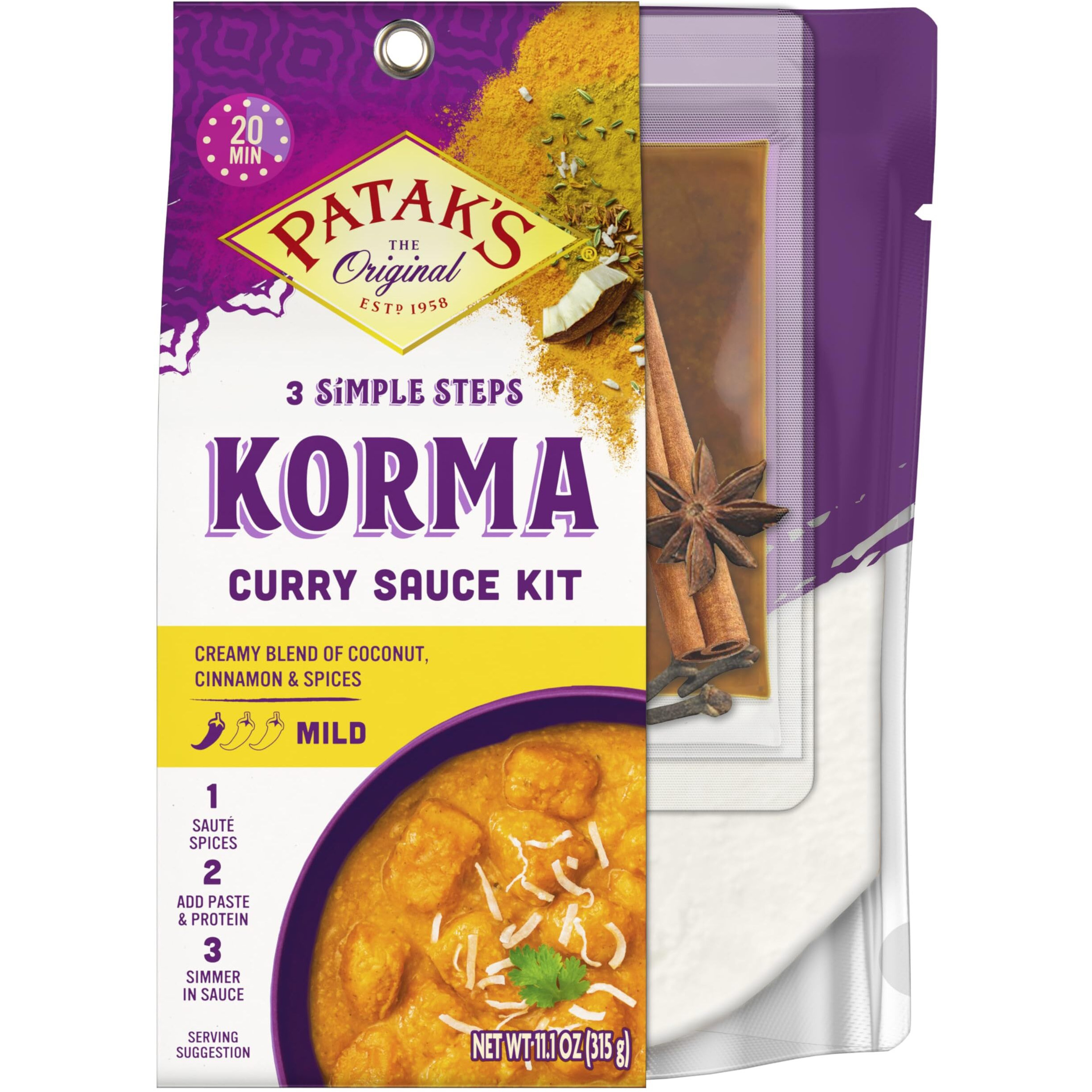 Patak's Korma Curry Sauce 3-Step Kit, Pre-Measured Ingredients Included, Fragrant Whole Spices, Korma Curry Spice Paste, Base Sauce, No Artificial Flavors, Vegetarian Friendly, 11 Oz (Pack Of 6)