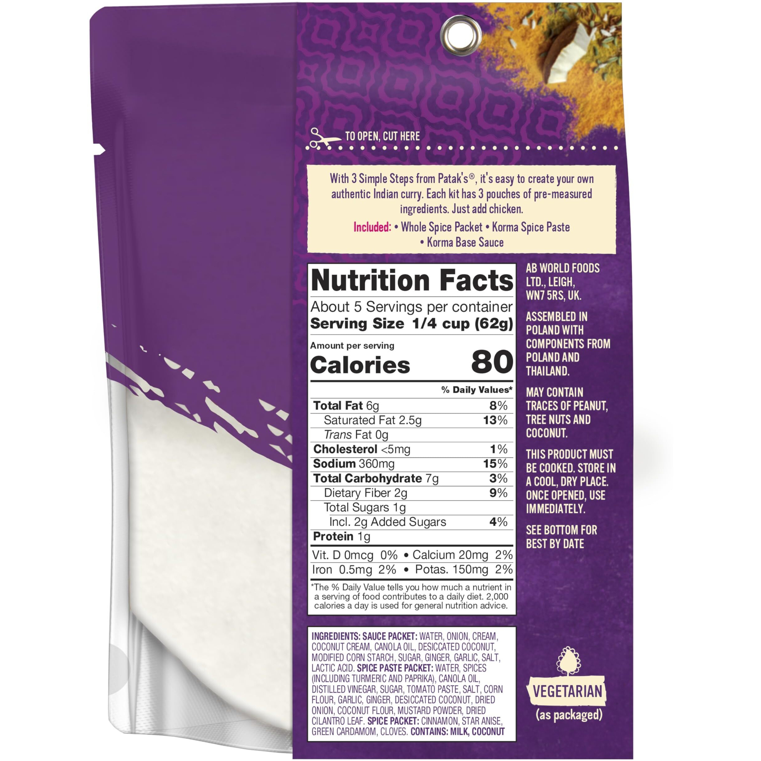 Patak's Korma Curry Sauce 3-Step Kit, Pre-Measured Ingredients Included, Fragrant Whole Spices, Korma Curry Spice Paste, Base Sauce, No Artificial Flavors, Vegetarian Friendly, 11 Oz (Pack Of 6)