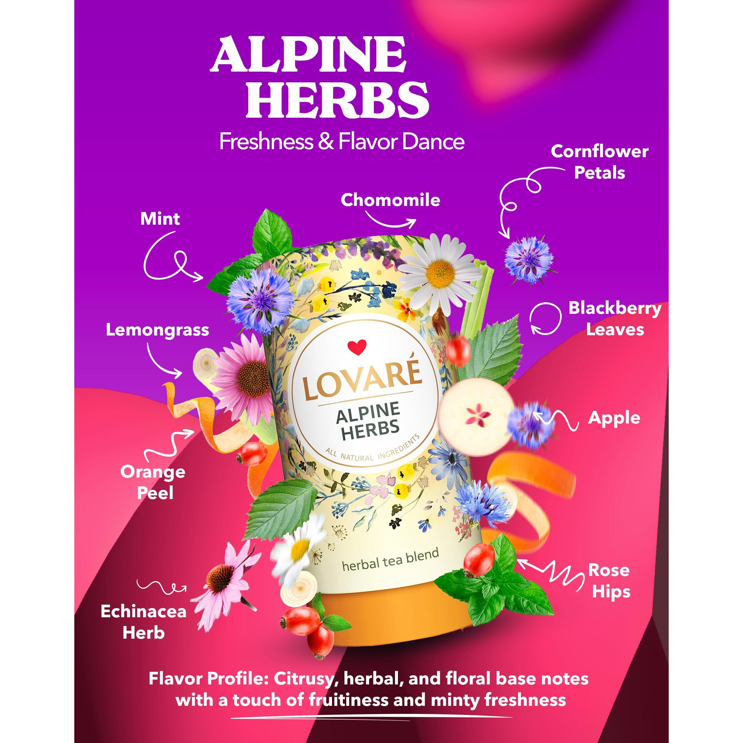 Lovare Alpine Herbs Loose Leaf Tea 80 G - Made In Ukraine - Lemongrass, Chamomile Flowers, Rose Hips, Orange Peel And Blossom, Blackberry Leaves, And More With 15 Paper Filters
