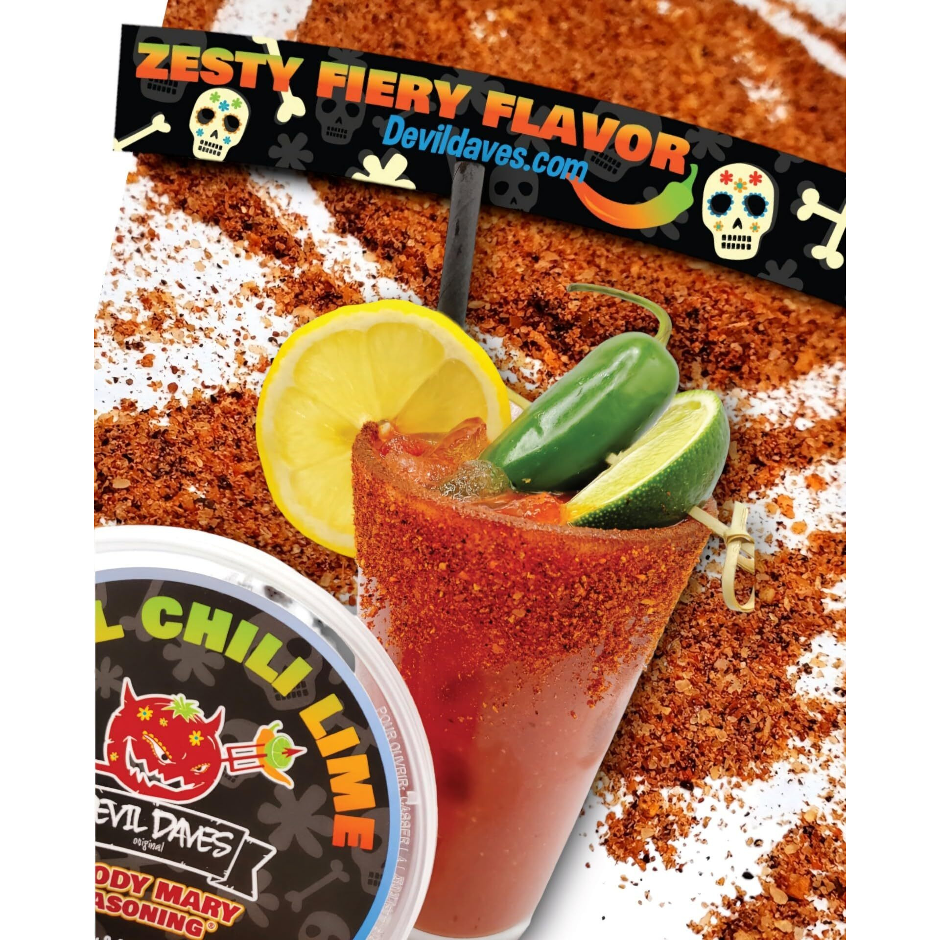 Devil Daves Bloody Mary Rimmer - Spicy Chelada Chili Lime - Premium Seasoning Blend - Use With Micheladas Or Spicy Maragaritas | 4.0 Oz.