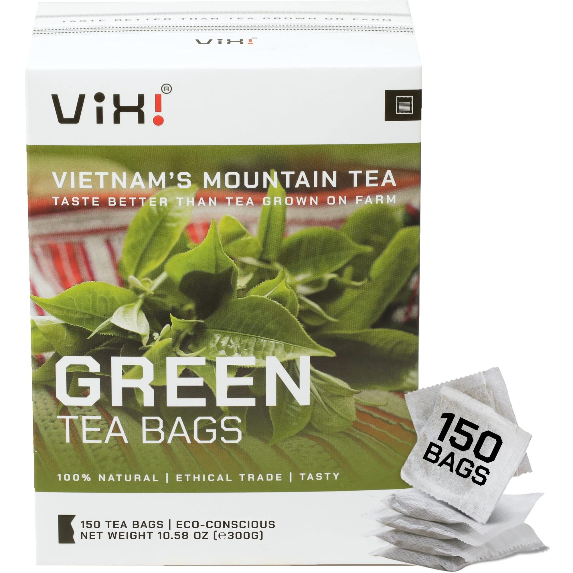 Vixi Green Tea Bags, 150 Counts, Vietnam's Mountain Tea, Antioxidant, Caffeinated, Tagless, Balanced Taste, 100% Natural From Ancient Tea Tree, Perfect For Hot And Cold Brew