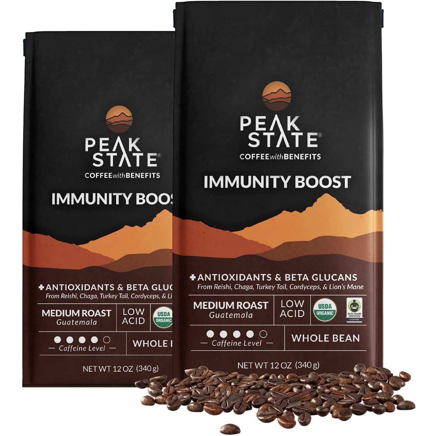 Peak State Coffee With Benefits - Mushroom Coffee Organic Coffee Beans - Immunity Boost Medium Roast - Low Acid Coffee - Mold Free, Vegan, Paleo, Dairy & Gluten-Free (2 X 12 Oz Bags, Whole Bean - 1.14/Cup)