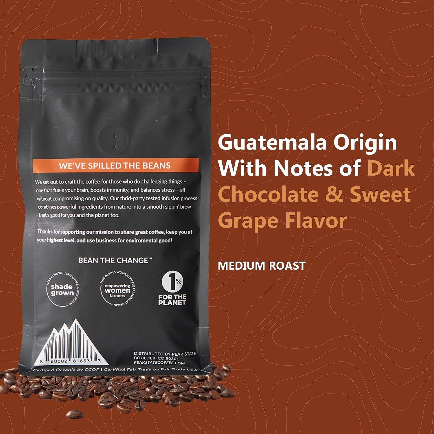 Peak State Coffee With Benefits - Mushroom Coffee Organic Coffee Beans - Immunity Boost Medium Roast - Low Acid Coffee - Mold Free, Vegan, Paleo, Dairy & Gluten-Free (2 X 12 Oz Bags, Whole Bean - 1.14/Cup)