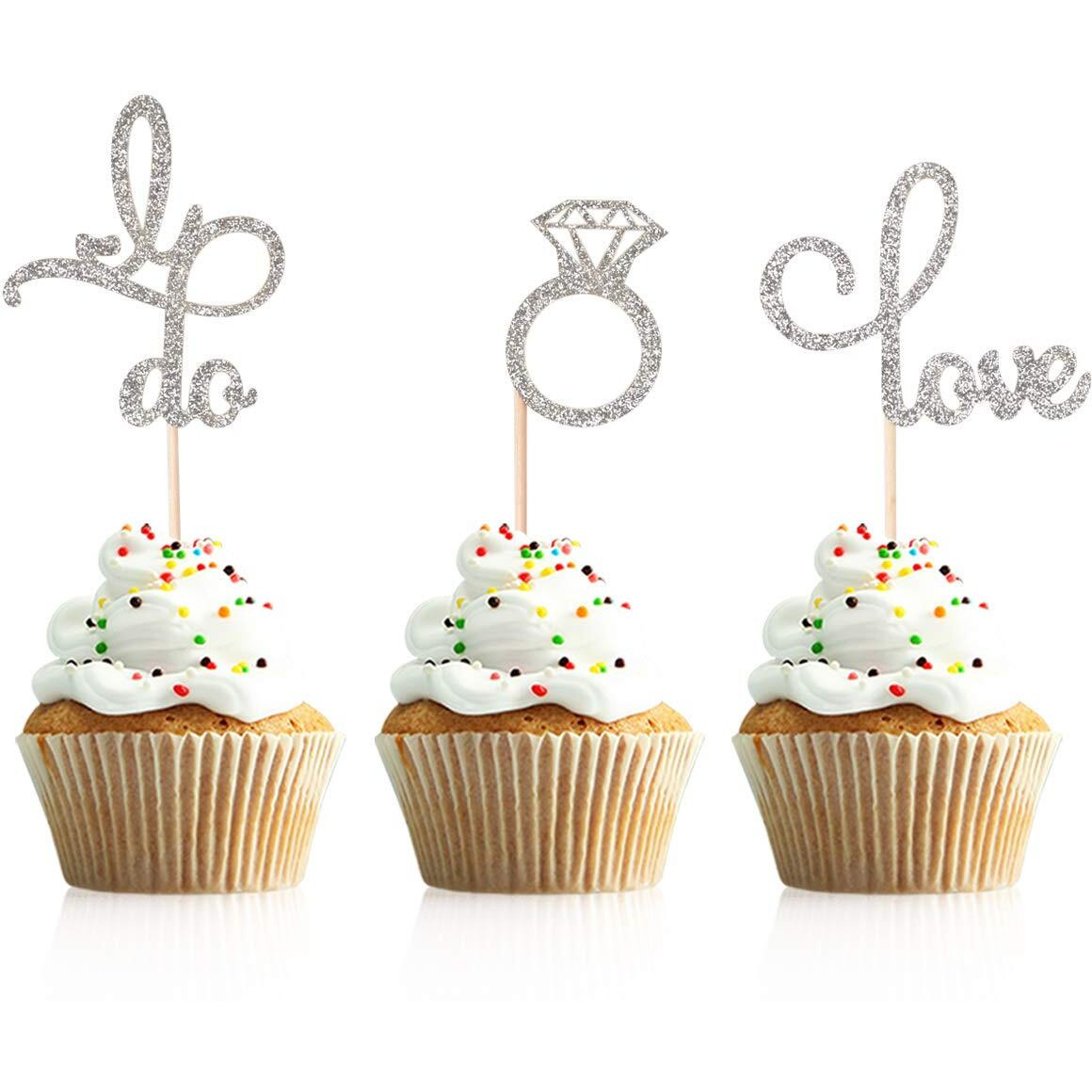 Donoter 48 Pcs Silver Glitter Diamond Ring Cupcake Toppers Love I Do Cake Picks For Wedding Engagement Party Decorations