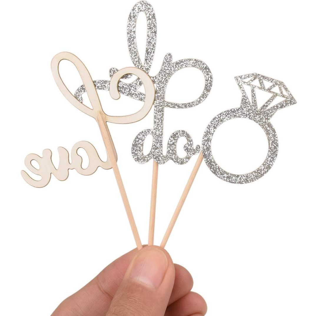 Donoter 48 Pcs Silver Glitter Diamond Ring Cupcake Toppers Love I Do Cake Picks For Wedding Engagement Party Decorations