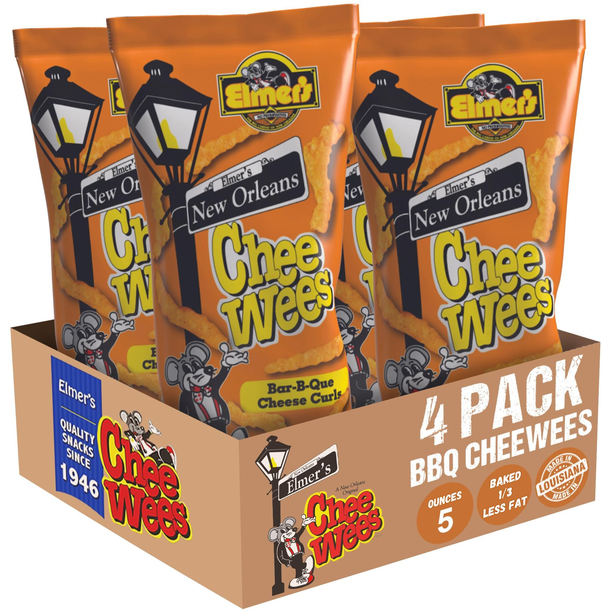 Elmer's New Orleans Chee-Wee's, Authentic Nola Bbq Flavor, Irresistible Crunchy Snack Delight 5 Oz Bags, Pack Of 4