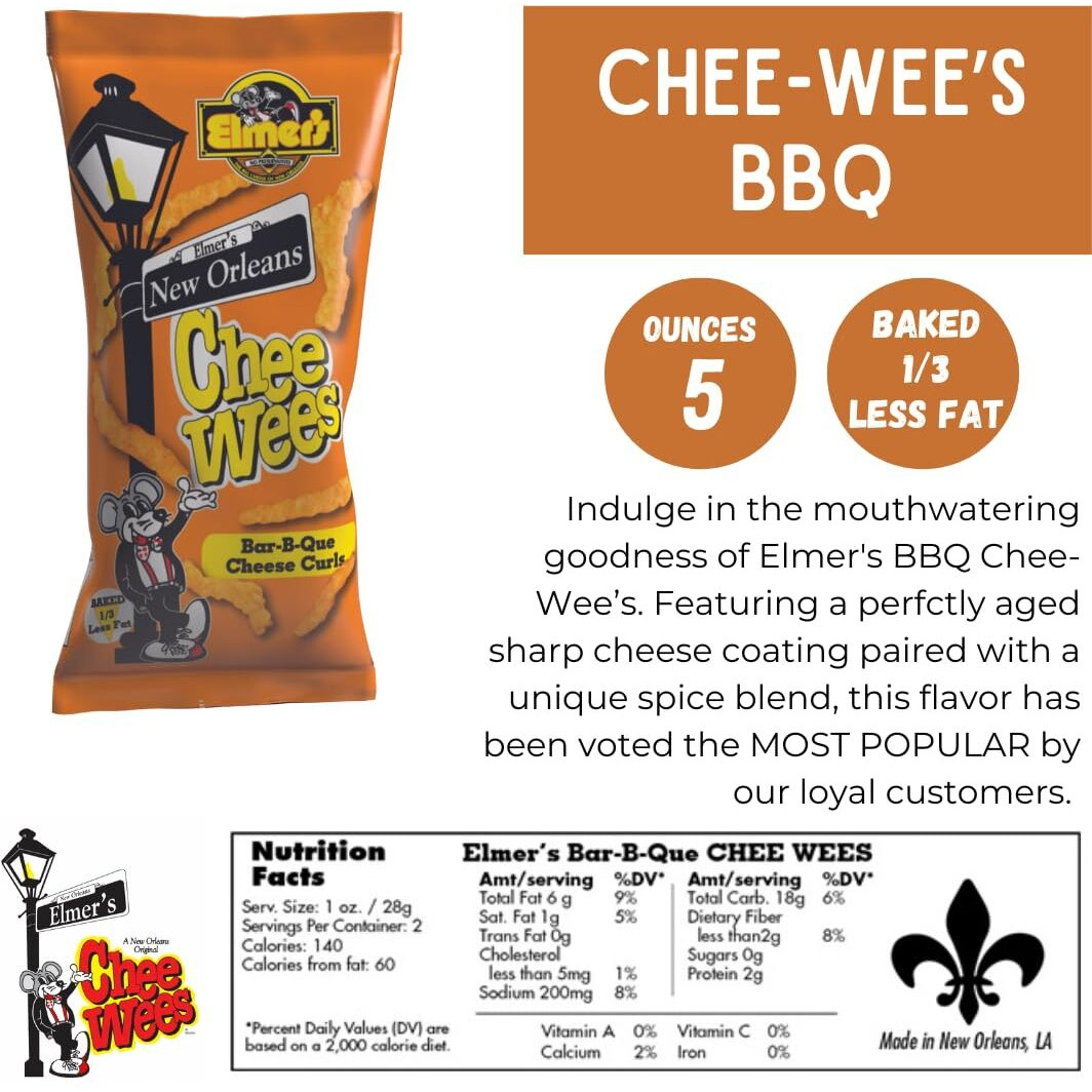 Elmer's New Orleans Chee-Wee's, Authentic Nola Bbq Flavor, Irresistible Crunchy Snack Delight 5 Oz Bags, Pack Of 4