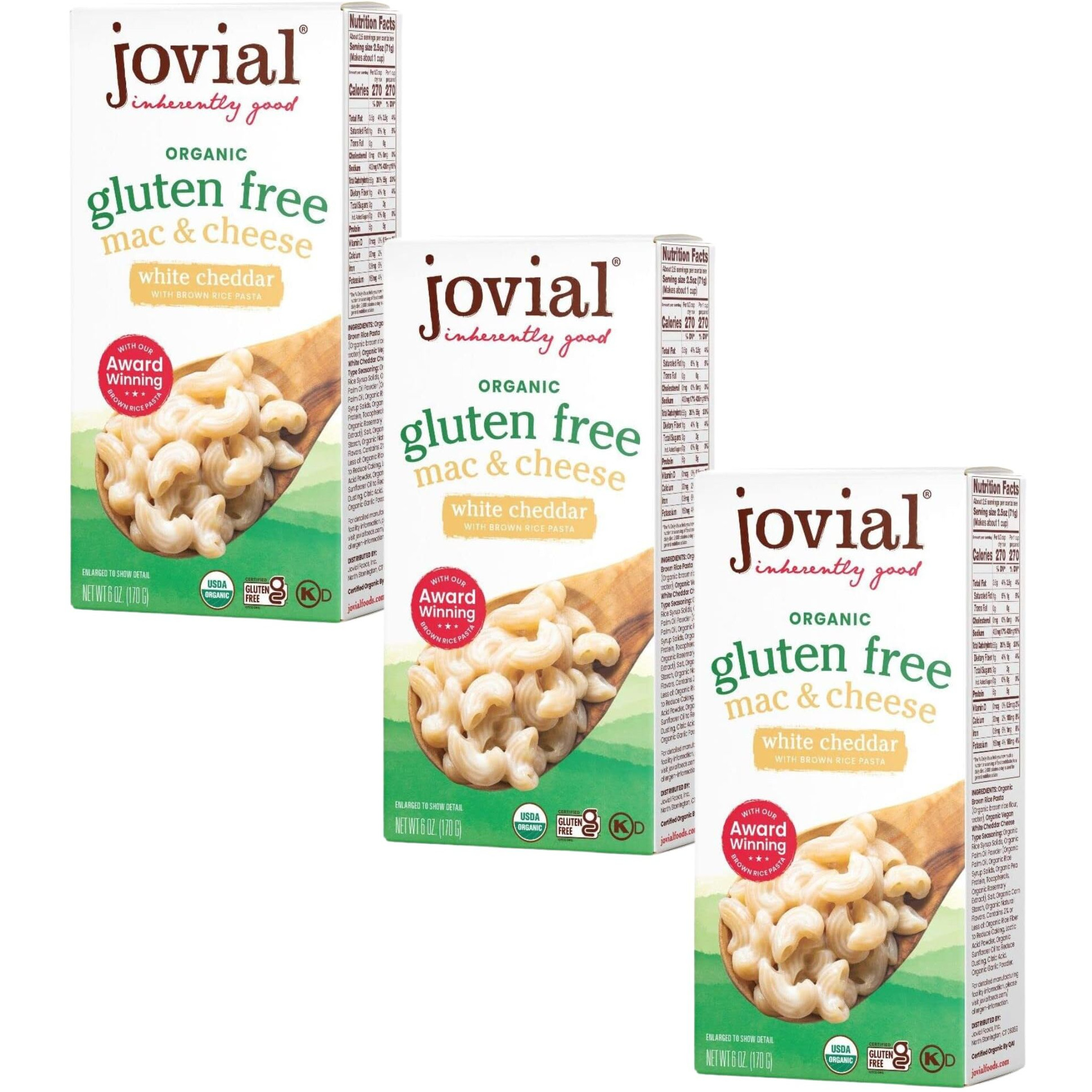 Jovial Organic Gluten Free White Cheddar Mac And Cheese - Whole Grain Pasta, Organic Pasta, White Cheddar Macaroni And Cheese, Gluten Free, Award Winning Taste, Made In Italy - 6 Oz, 3 Pack