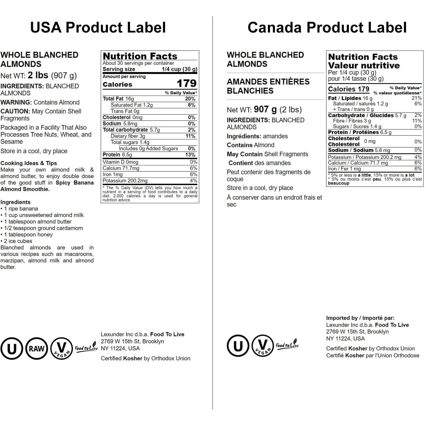 Food To Live - Blanched Whole Almonds, 2 Pounds - Raw, Skinless, Unsalted, Keto, Vegan, Kosher, Bulk. High In Protein, Fiber, Vitamin E, Riboflavin.