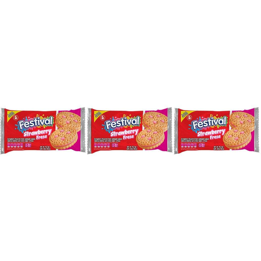 Festival Strawberry Cookies, Cream Strawberry Sandwich Cookies, Natural Dyes & Low Sodium, High Cream Content, 14.6 Oz (Pack Of 3)
