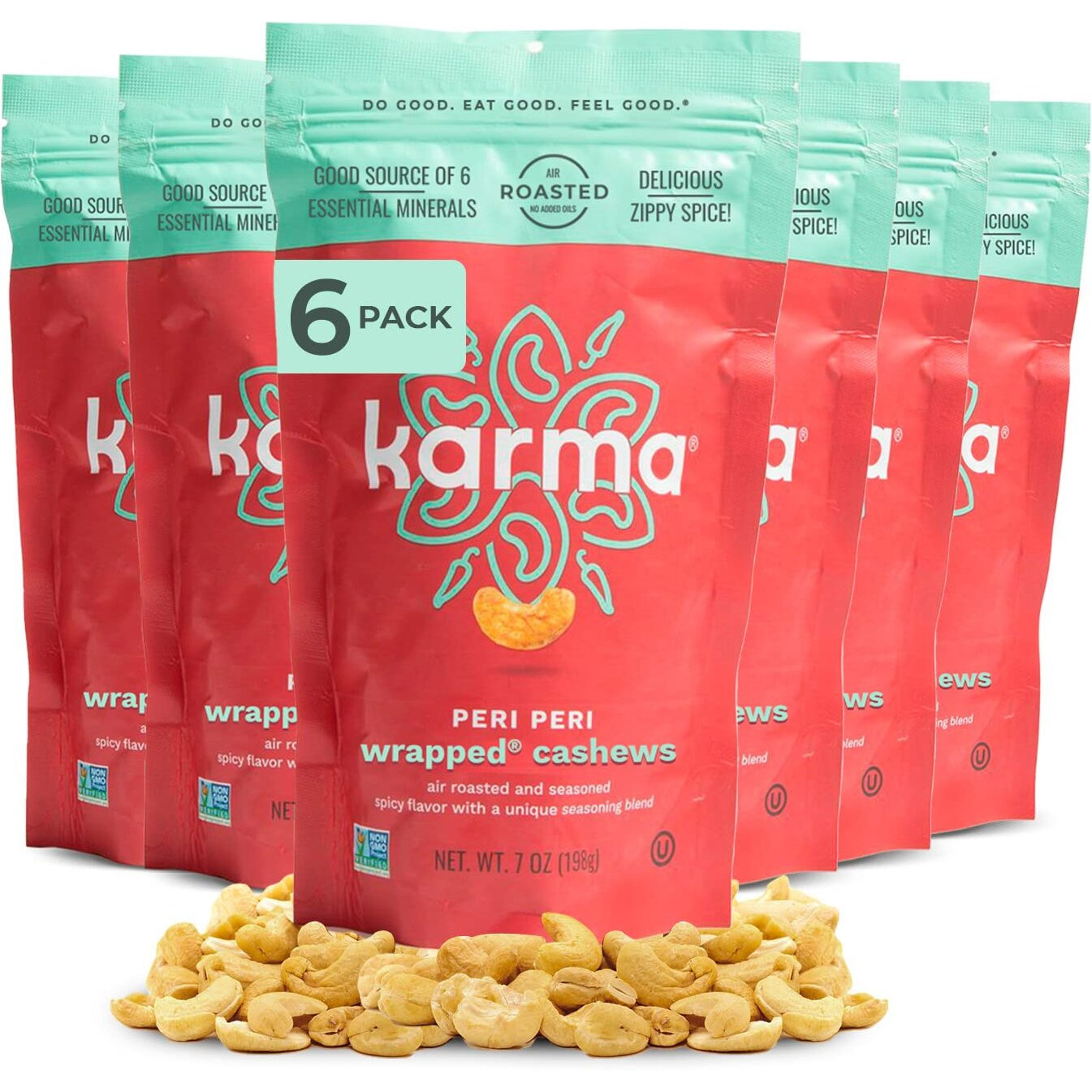 Peri Peri Air Roasted Whole Cashews By Karma Nuts, Savory, Spicy, Peanut-Free Facility, Kosher, Everyday Nut Snack, 7Oz Resealable Bag - 6 Pack
