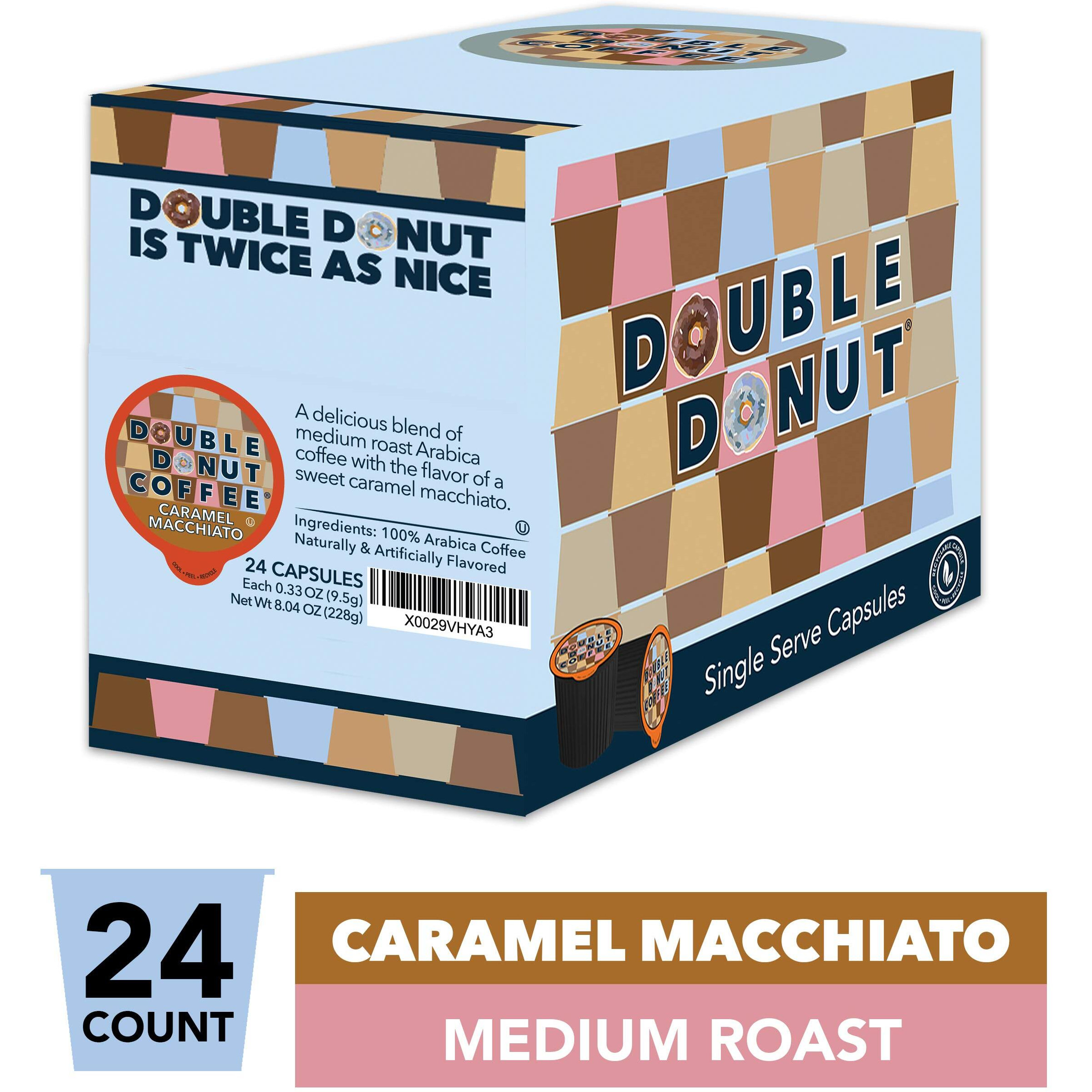 Double Donut Flavored Coffee Pods, Caramel Macchiato Coffee, Caramel Coffee For Keurig K Cups Machines, Medium Roast Coffee In Recyclable Pods, 24 Count