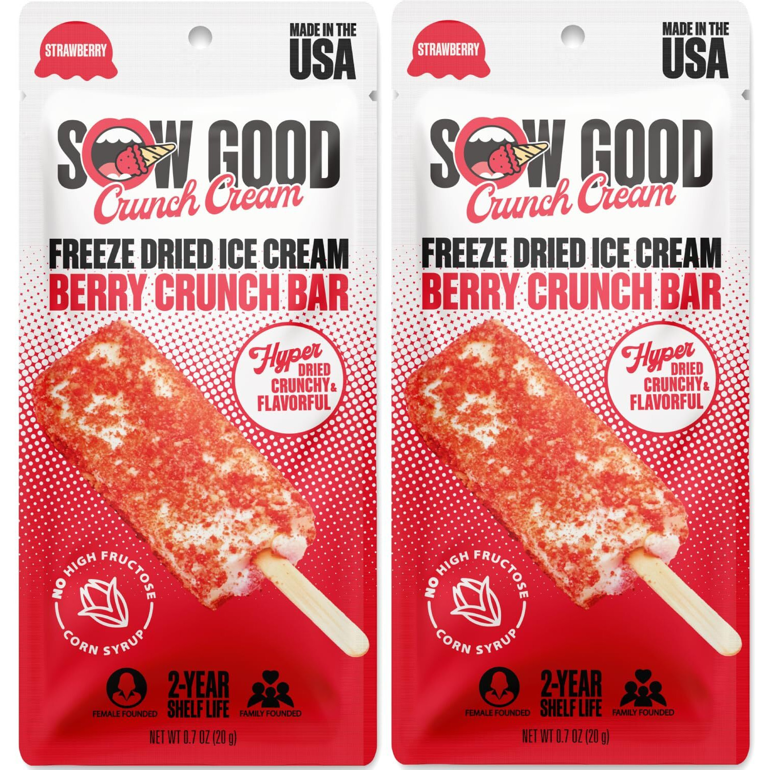 Sow Good Freeze Dried Ice Cream Candy Berry Crunch Ice Cream Bar 2 Pack. Perfect For Snacking, Parties & Astronauts