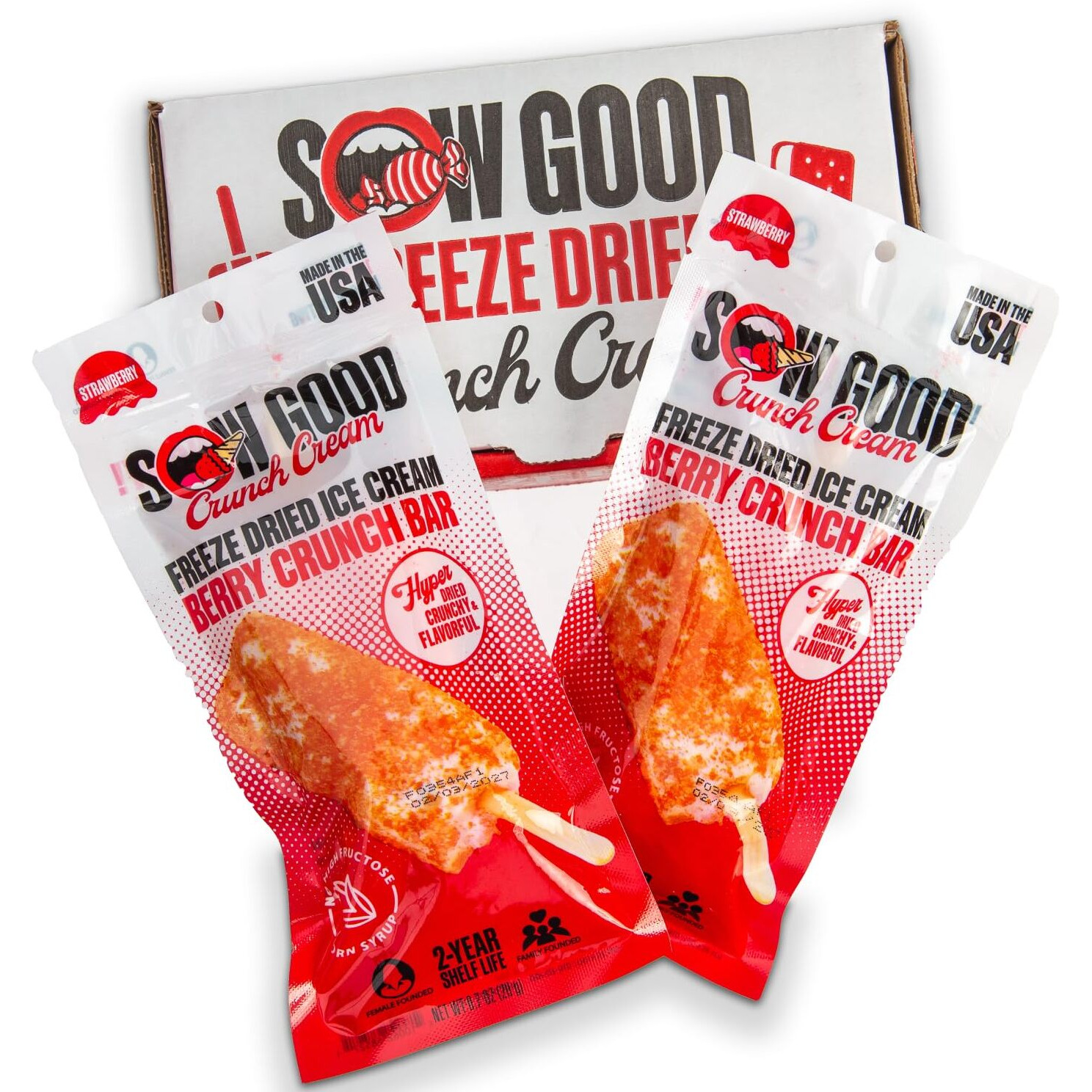 Sow Good Freeze Dried Ice Cream Candy Berry Crunch Ice Cream Bar 2 Pack. Perfect For Snacking, Parties & Astronauts