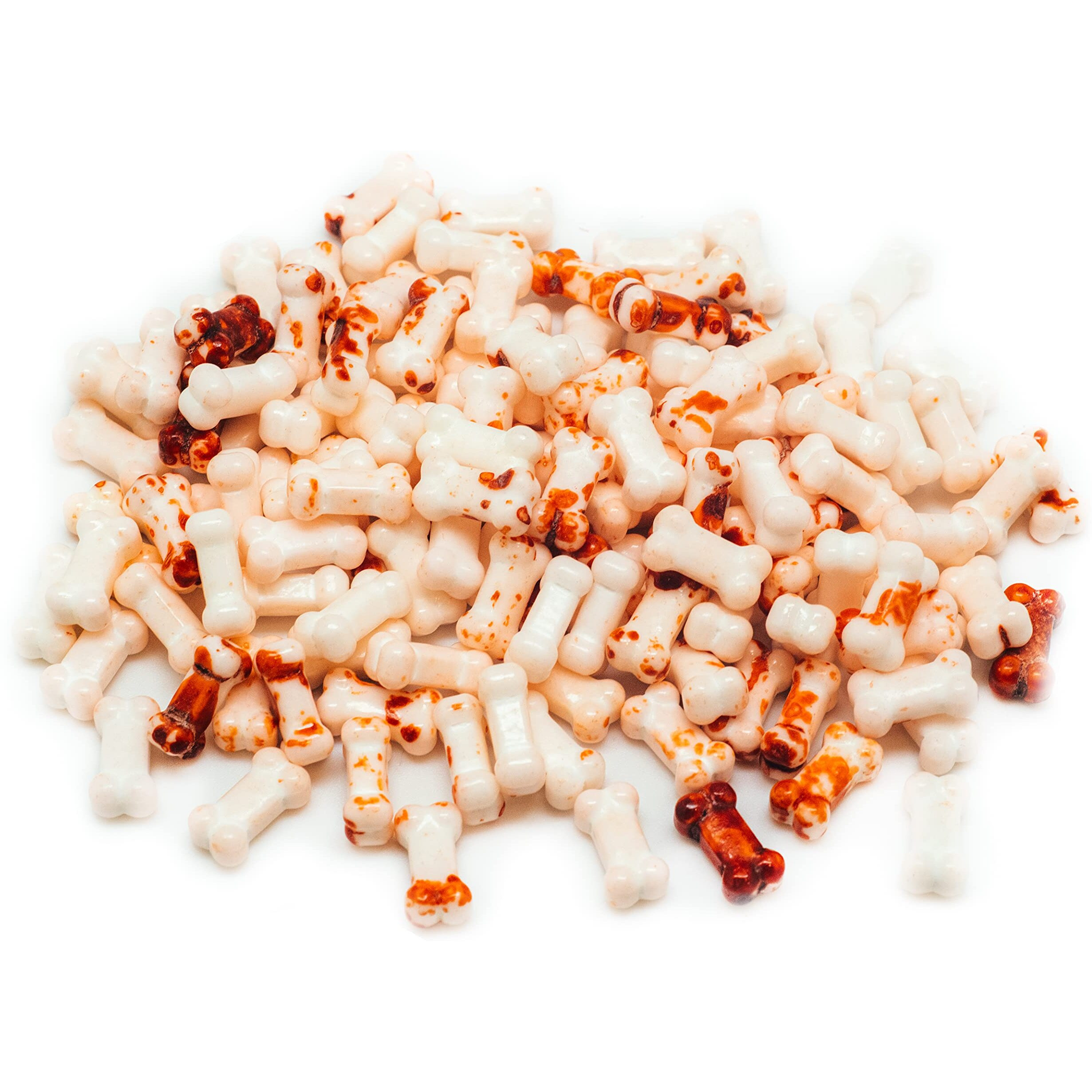 Bloody Bones Treat Toppers - 4 Oz Resealable Stand Up Candy Bag - White Candy Bone Shaped Sprinkles W/Red Splashes - Halloween Themed Sprinkles For Holiday Desserts And Snacks