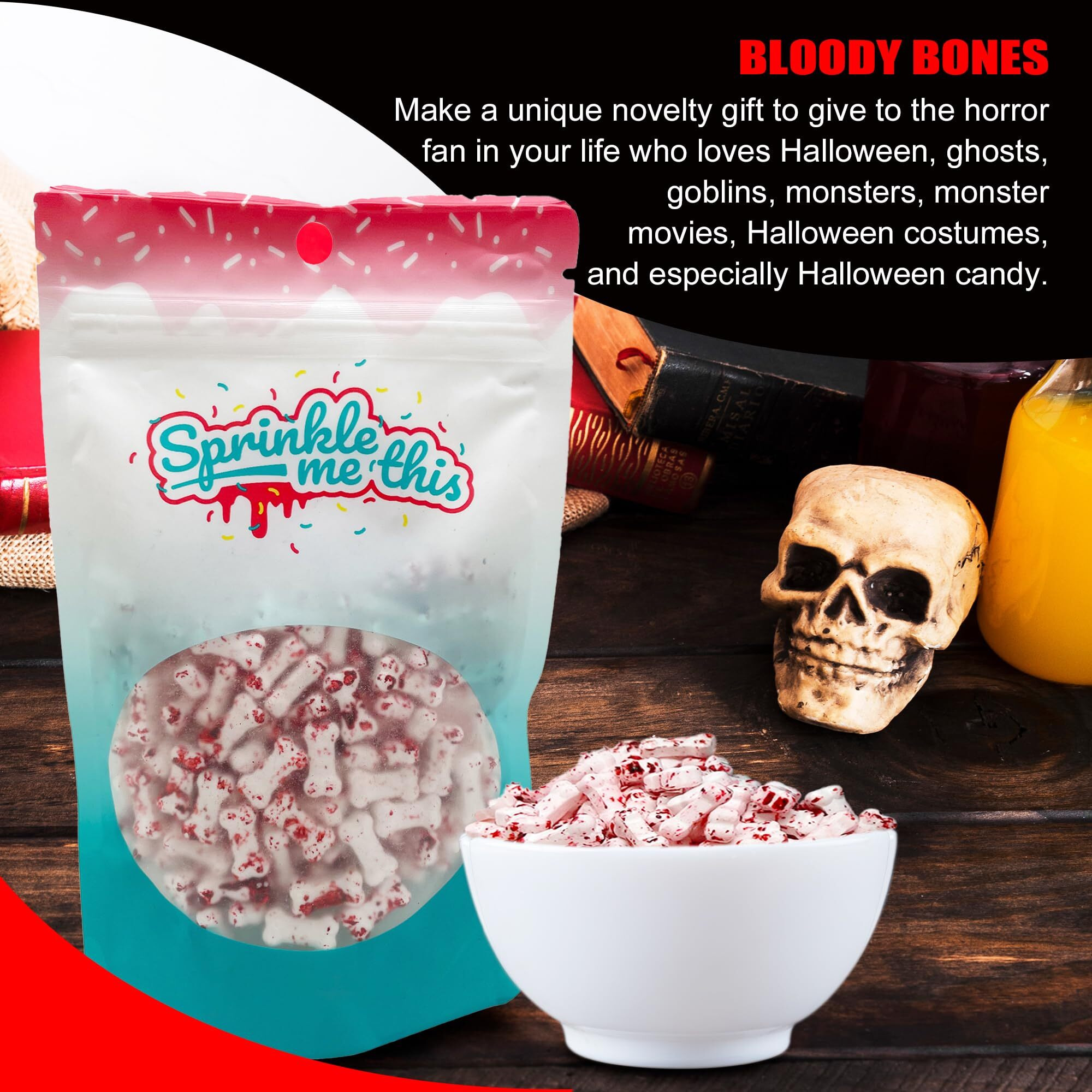 Bloody Bones Treat Toppers - 4 Oz Resealable Stand Up Candy Bag - White Candy Bone Shaped Sprinkles W/Red Splashes - Halloween Themed Sprinkles For Holiday Desserts And Snacks