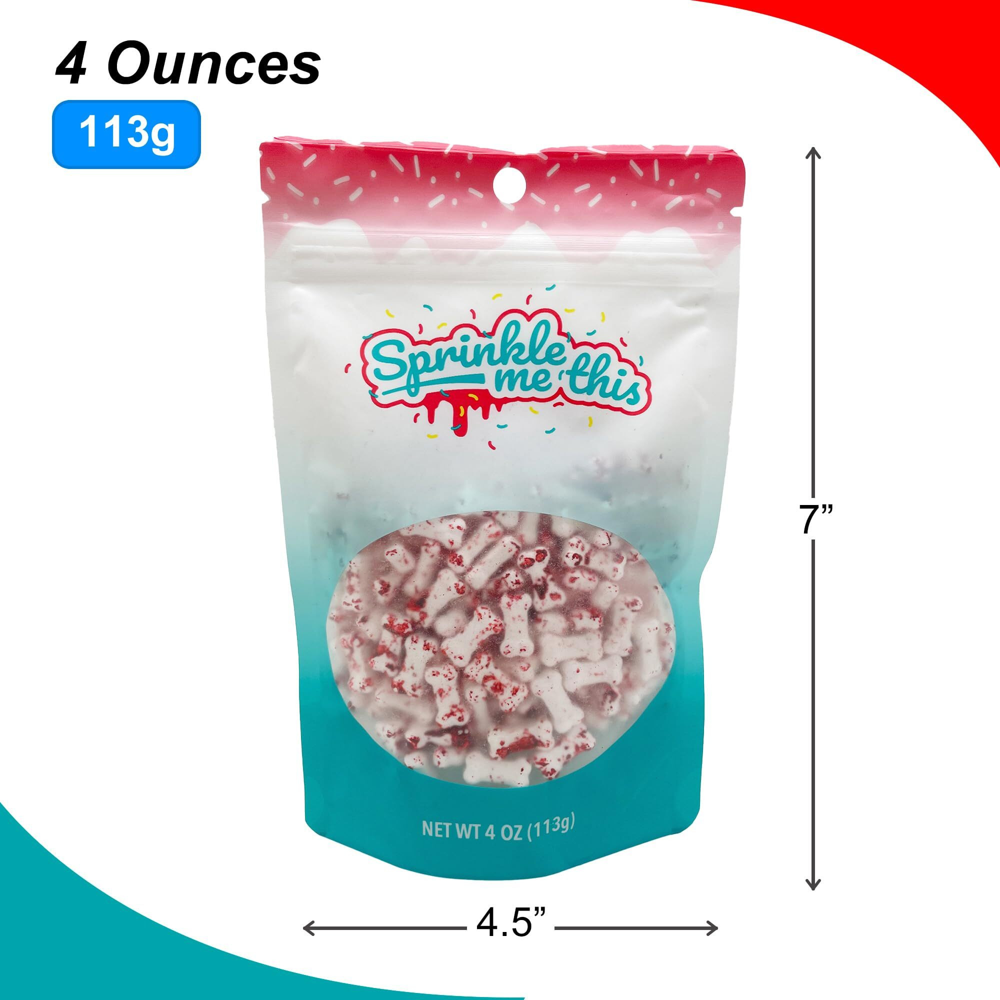 Bloody Bones Treat Toppers - 4 Oz Resealable Stand Up Candy Bag - White Candy Bone Shaped Sprinkles W/Red Splashes - Halloween Themed Sprinkles For Holiday Desserts And Snacks