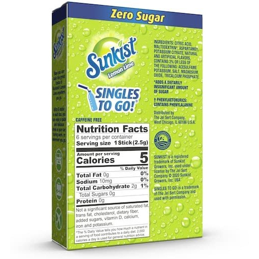 Sunkist Singles To Go Drink Mix Lemon Lime, 6 Boxes With 6 Packets Each 36 Servings Total