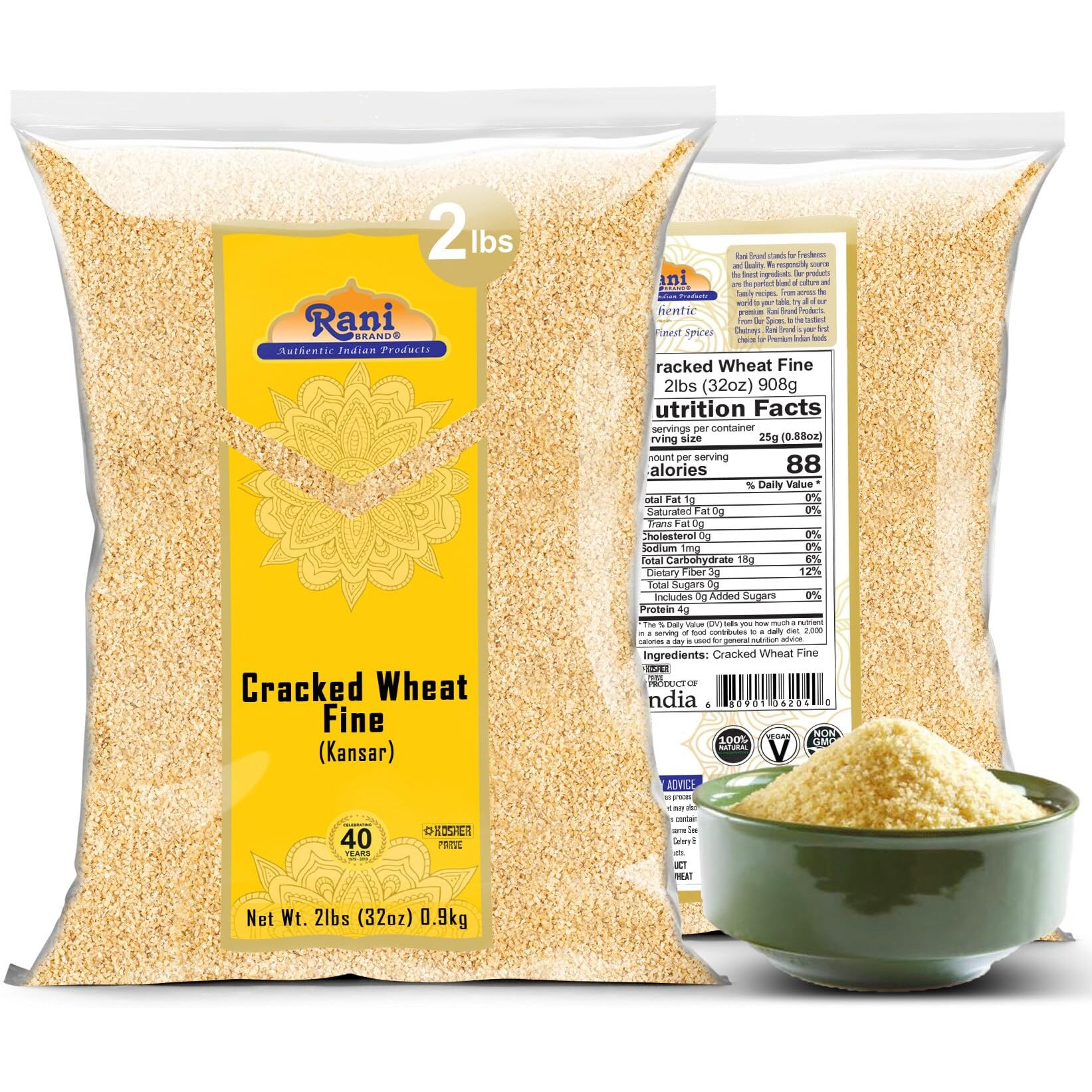 Rani Cracked Wheat Fine (Kansar/Bulgur Wheat1) 32Oz (2Lbs) 908G ~ All Natural | Vegan | Gluten Friendly | Non-Gmo |Kosher | Indian Origin