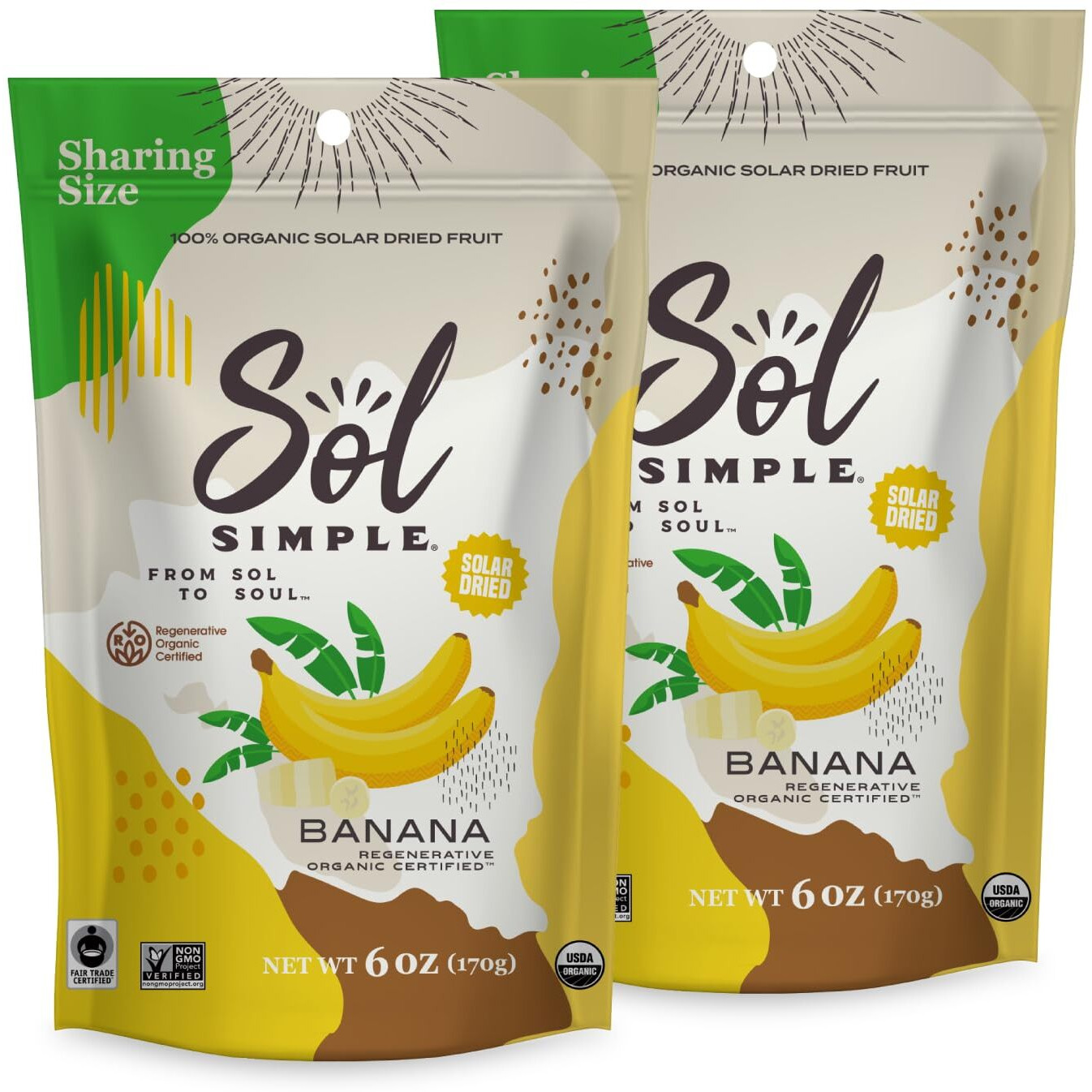 Sol Simple Regenerative Organic Certified Dried Banana | 6Oz Snack Pack (2 Bags Total) | One Ingredient | Vegan | Non-Gmo | No Added Sugar | Fair Trade | Dried Fruit | Organic