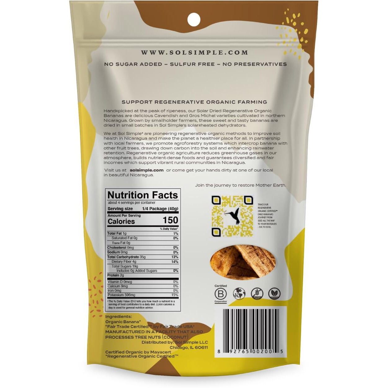 Sol Simple Regenerative Organic Certified Dried Banana | 6Oz Snack Pack (2 Bags Total) | One Ingredient | Vegan | Non-Gmo | No Added Sugar | Fair Trade | Dried Fruit | Organic