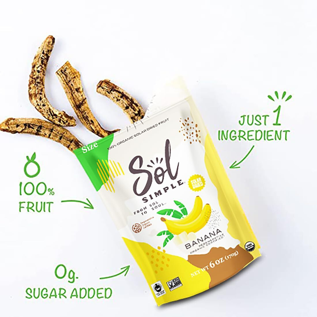 Sol Simple Regenerative Organic Certified Dried Banana | 6Oz Snack Pack (2 Bags Total) | One Ingredient | Vegan | Non-Gmo | No Added Sugar | Fair Trade | Dried Fruit | Organic