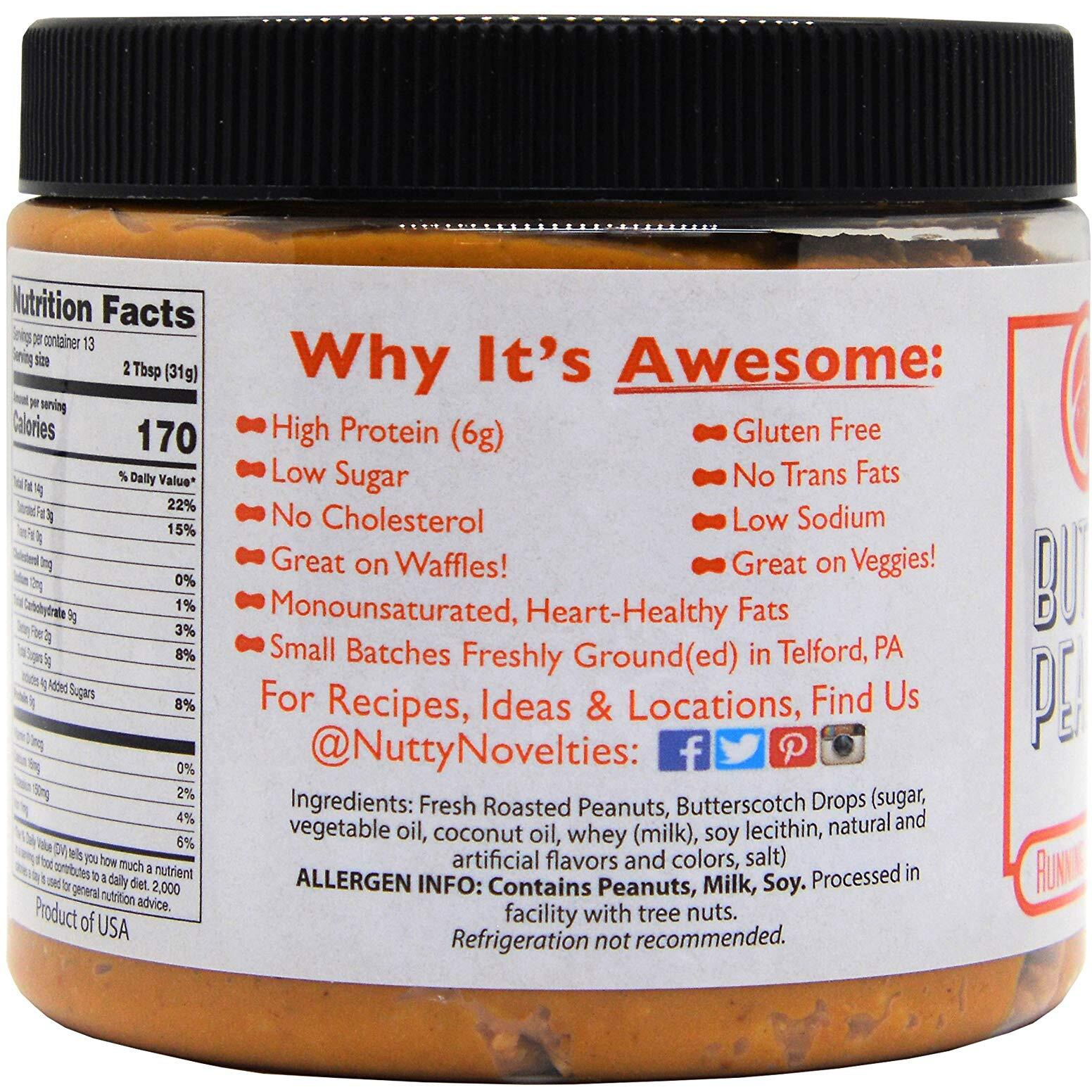 Nutty Novelties Butterscotch Peanut Butter - High Protein, Low Sugar Healthy Peanut Butter - All-Natural Peanut Butter Free Of Cholesterol, Preservatives & Salt - Creamy Peanut Butter - 15 Ounces