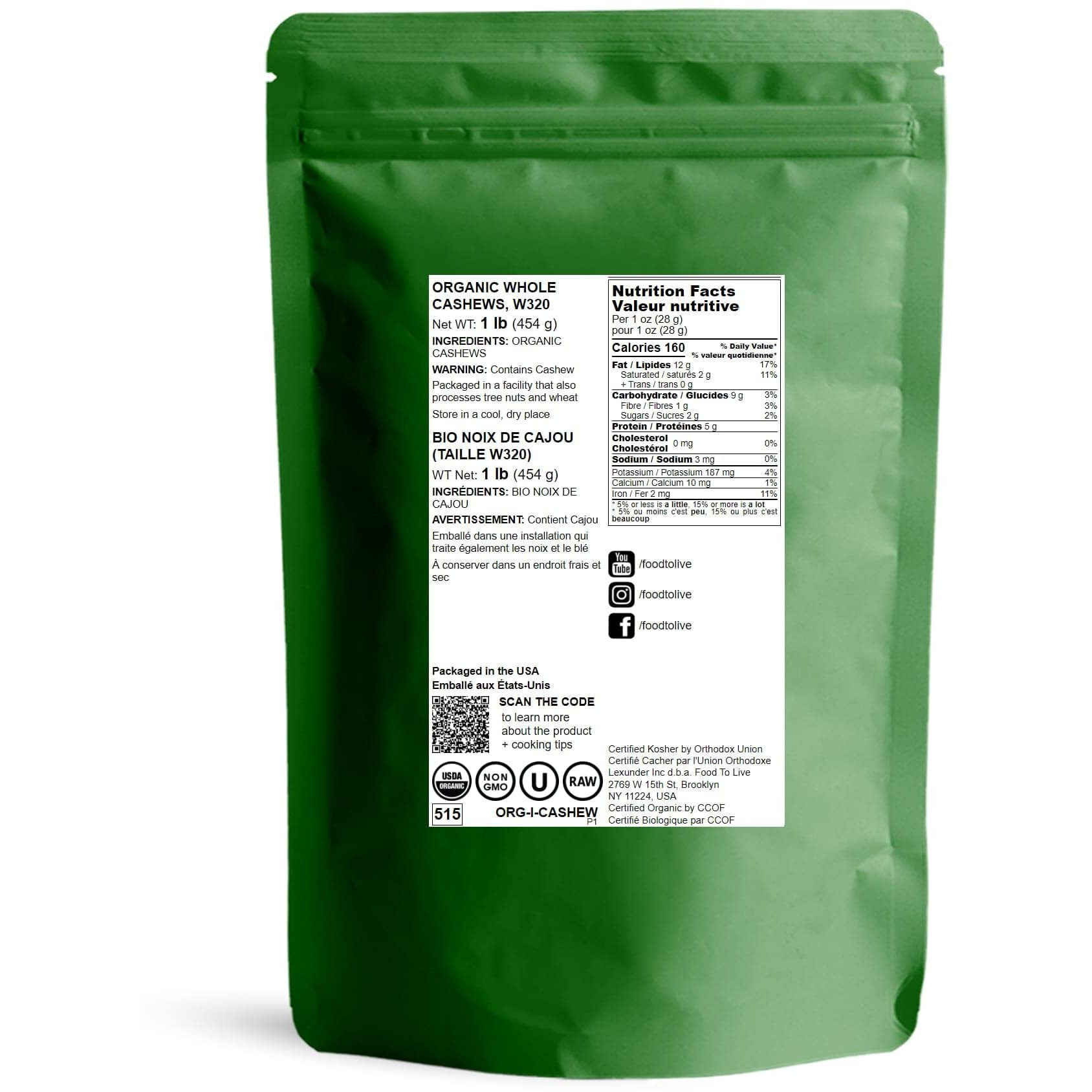 Food To Live Organic Raw Cashews, 1 Pound - Non-Gmo, Whole, Large, Premium Fancy Nuts, Unsalted, Unroasted, Kosher, Vegan, Bulk, Low Sodium. Good Source Of Protein, Copper, Zinc, Selenium, And Thiamin