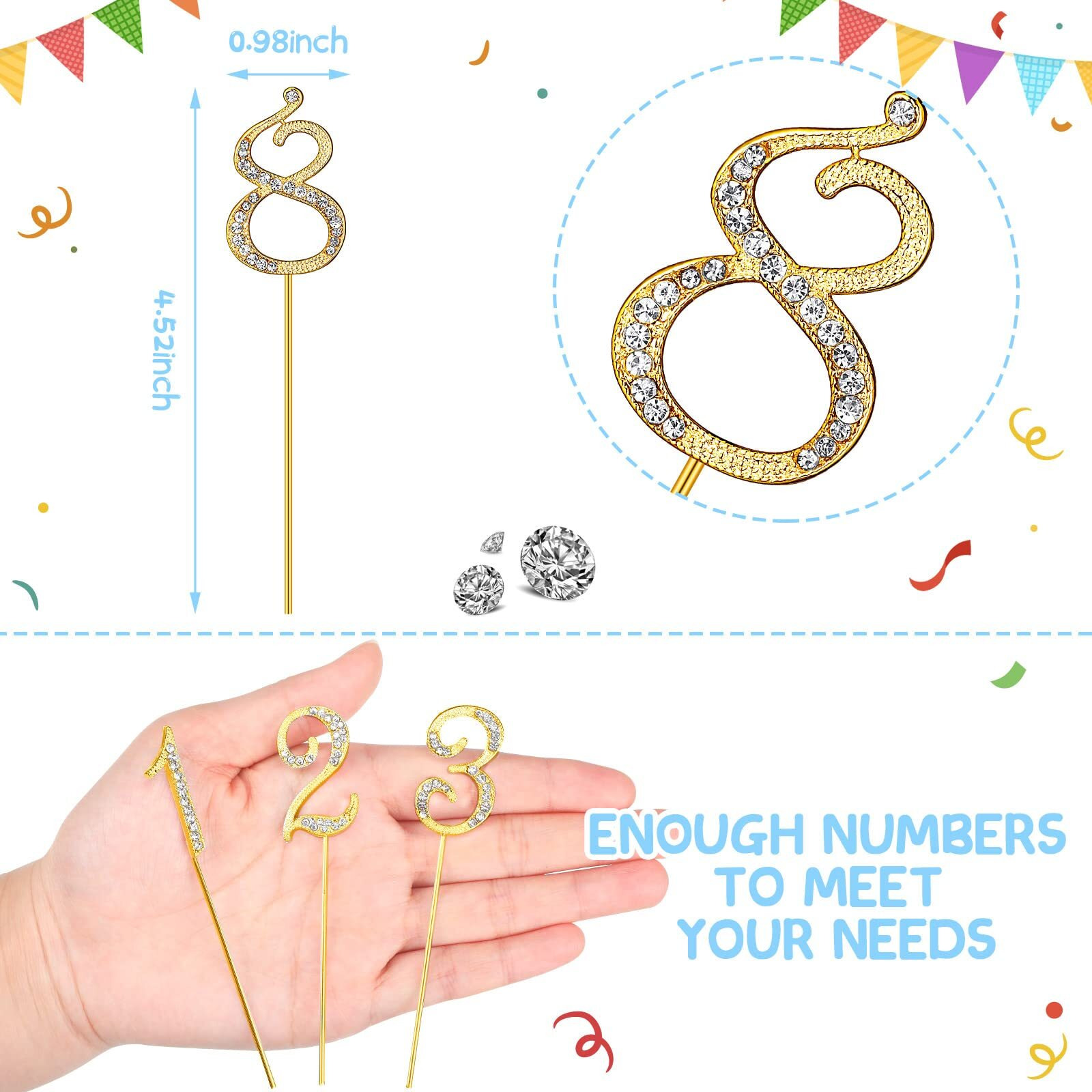 Hotop Numbers 0-9 Cake Topper Diamond Gems Birthday Cake Toppers Bling Rhinestone Cake Topper Birthday Party Decoration For Wedding Anniversary Birthday Cake Decorations Keepsake, Set Of 10(Gold)