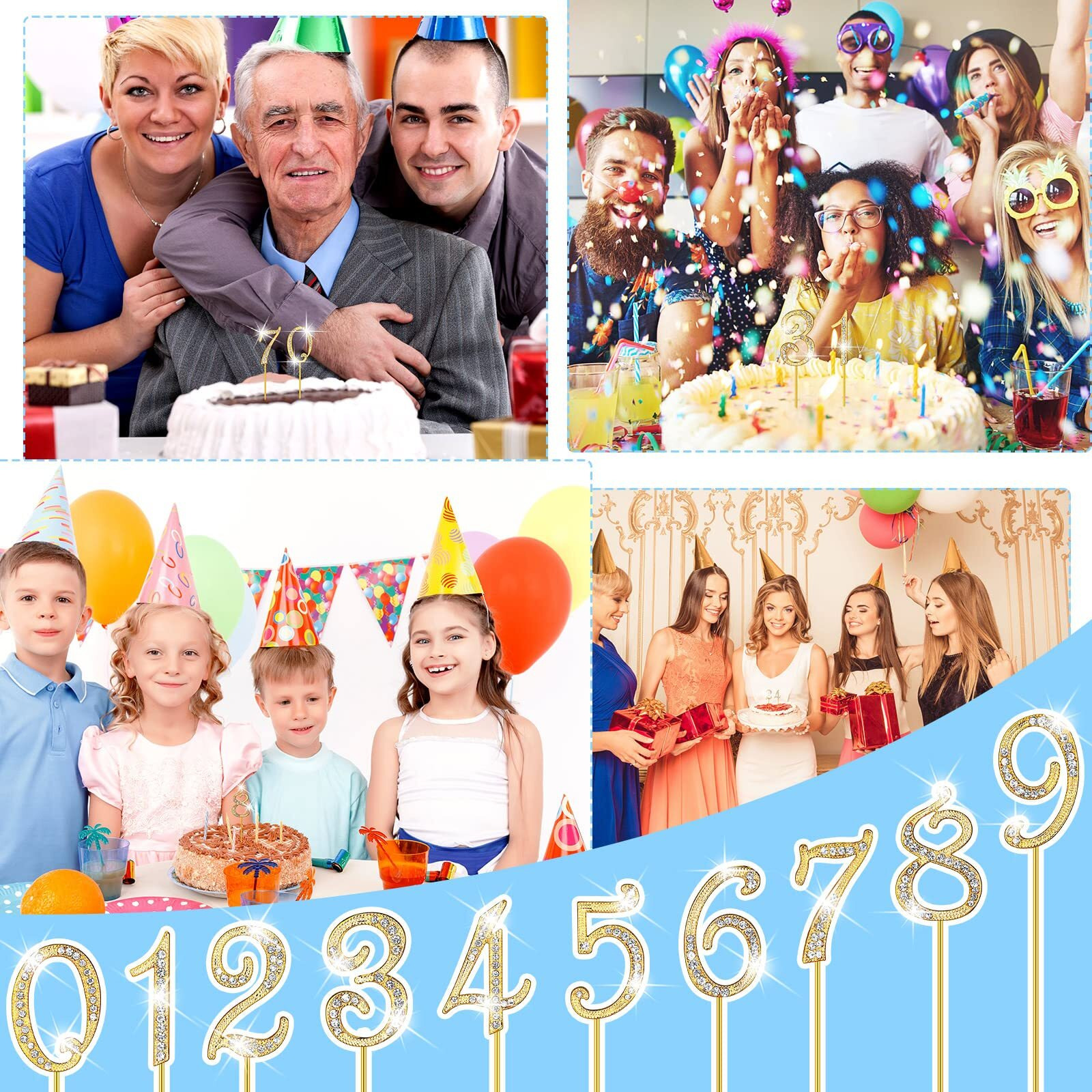 Hotop Numbers 0-9 Cake Topper Diamond Gems Birthday Cake Toppers Bling Rhinestone Cake Topper Birthday Party Decoration For Wedding Anniversary Birthday Cake Decorations Keepsake, Set Of 10(Gold)