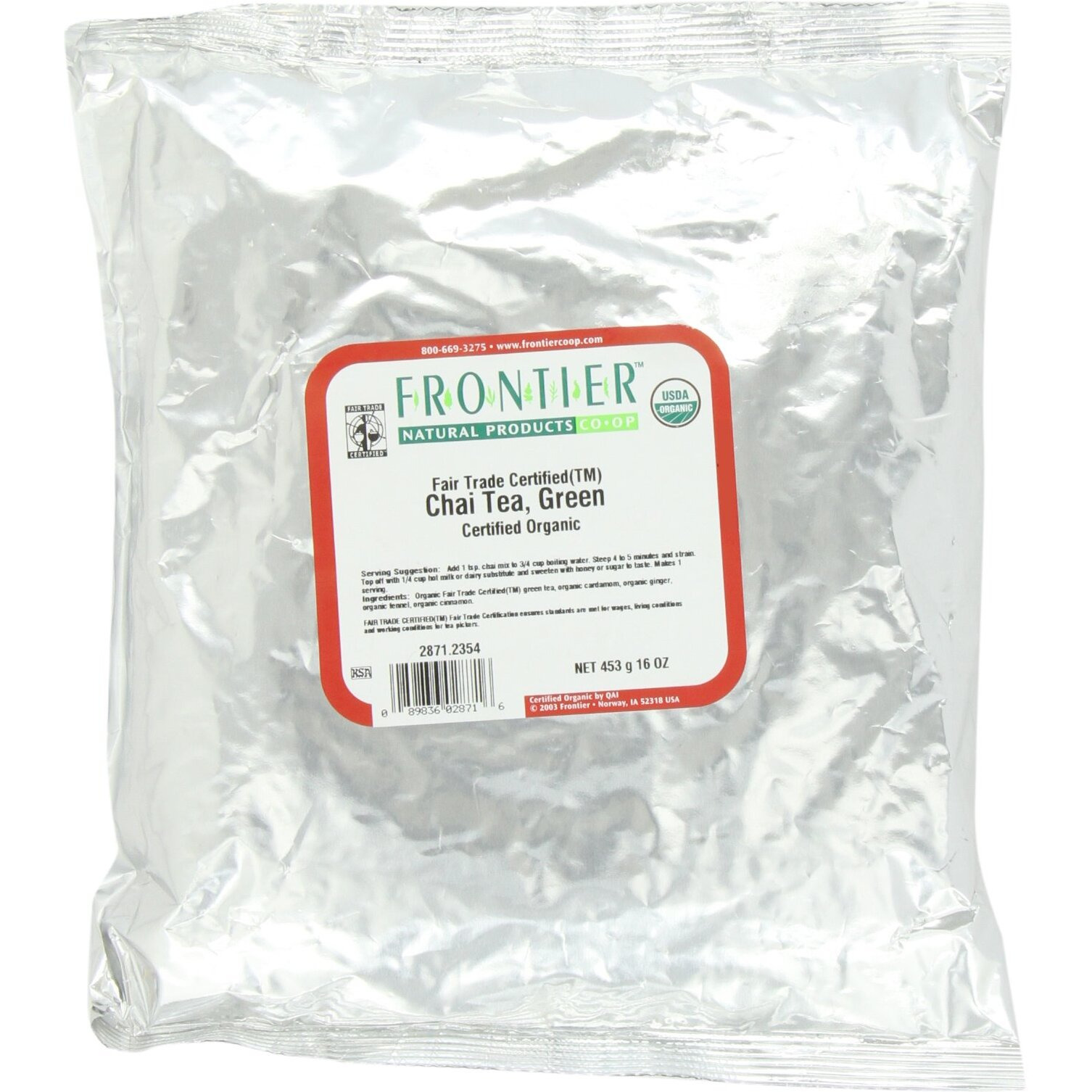 Frontier Co-Op Organic Chai Green Tea, 1-Pound Bulk, Robust Combination Of Green Tea & Spices, Great As Hot Tea, Fair Trade
