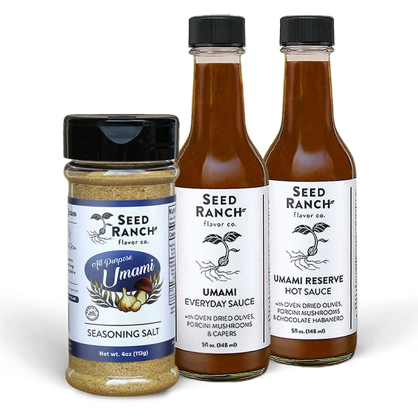 Seed Ranch Umami Chef Set Bundle, 3 Pack - Mild To Hot Heat - Seasoning Salt, Umami Everyday & Umami Reserve Hot Sauce - Vegan, Non-Gmo, Gluten-Free - Marinade, Vegetables, Soup & Rice