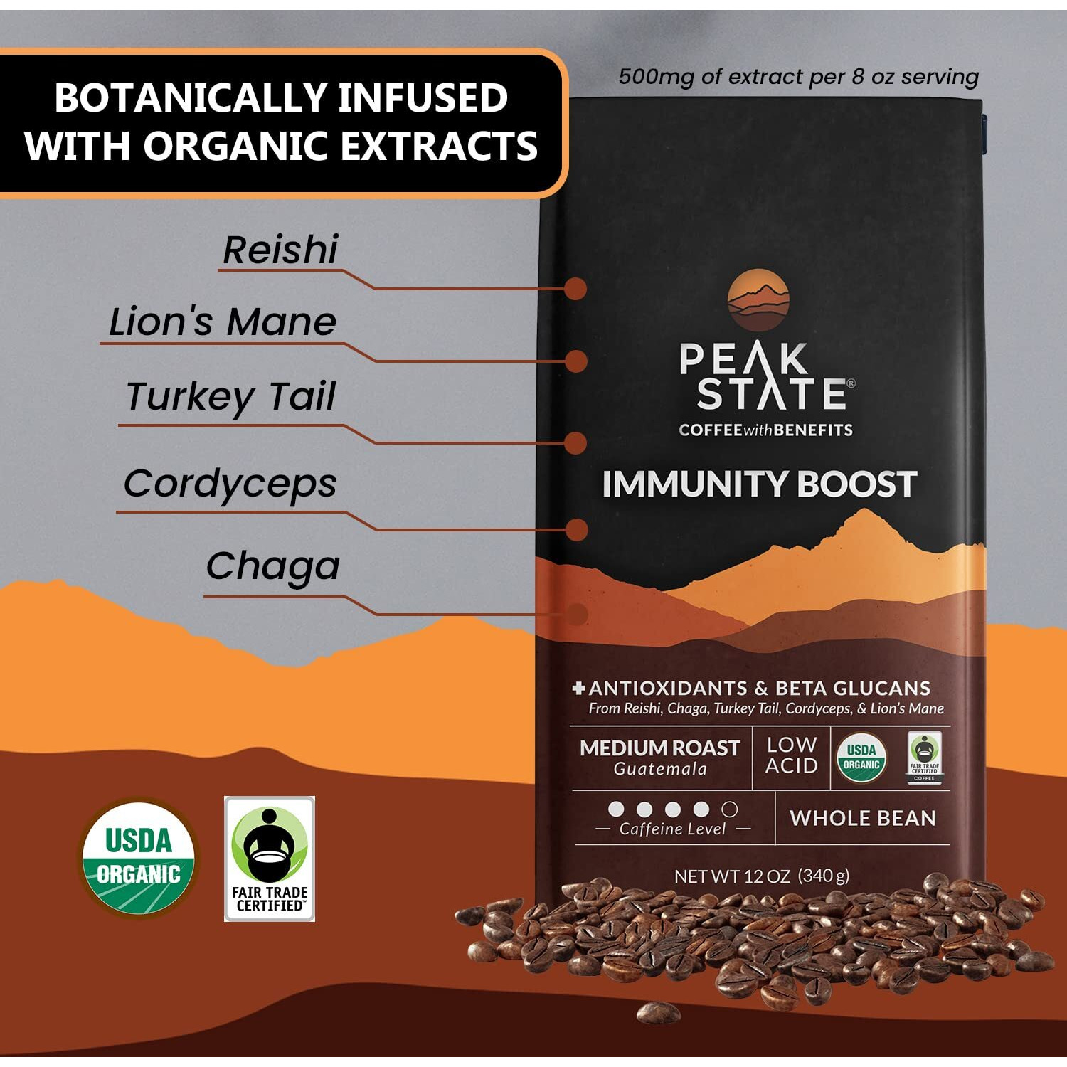 Peak State Coffee With Functional Mushrooms, Low Acid, Whole Bean (Focus, Boost Immunity, & Destress) (Immunity Boost)