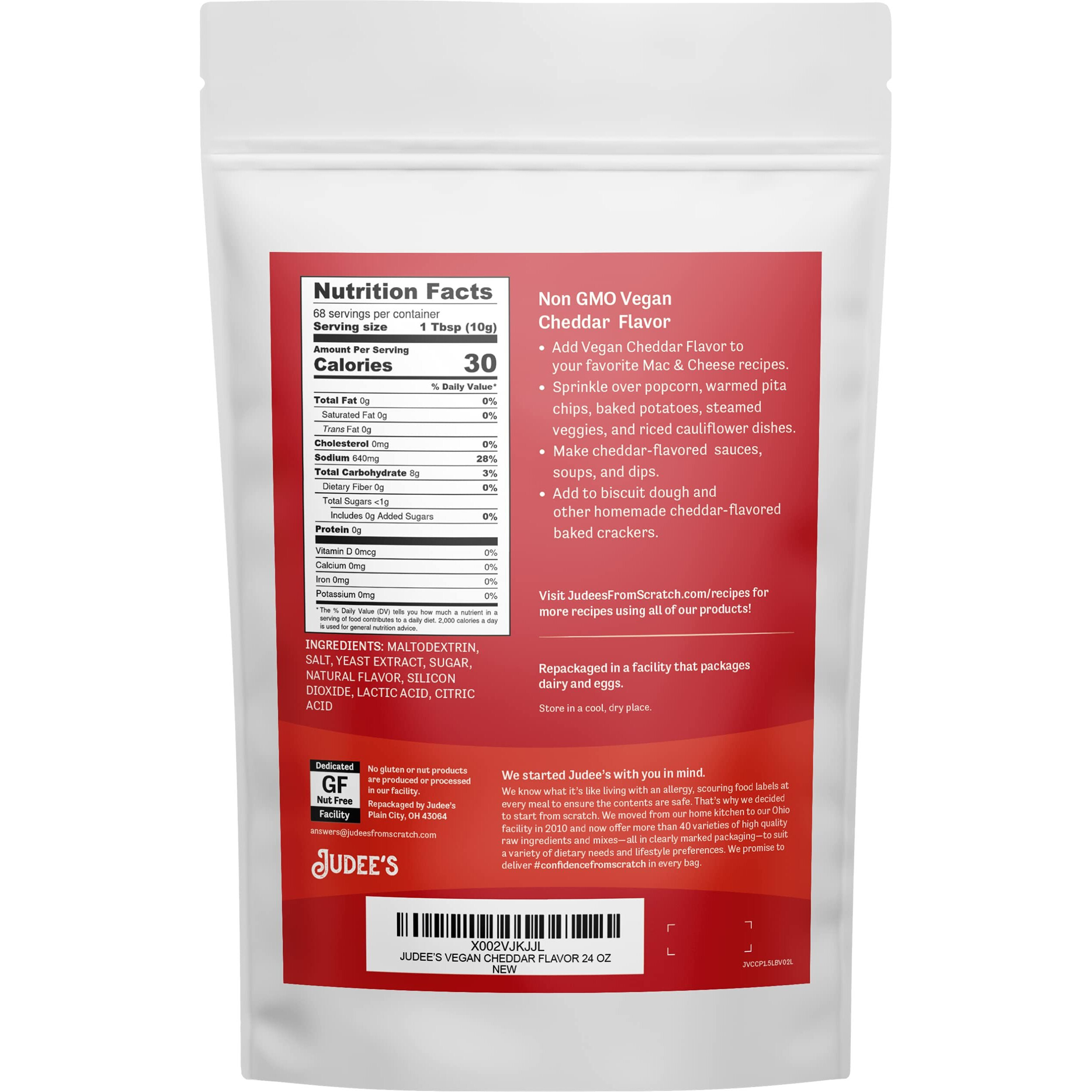 Judees Vegan Cheddar Flavor Powder 1.5Lb (24Oz) - 100% Non-Gmo, Vegan, Gluten-Free & Nut-Free - Great Dairy Cheese Powder Alternative - Made In Usa - Use In Sauces, Seasonings, And Soups