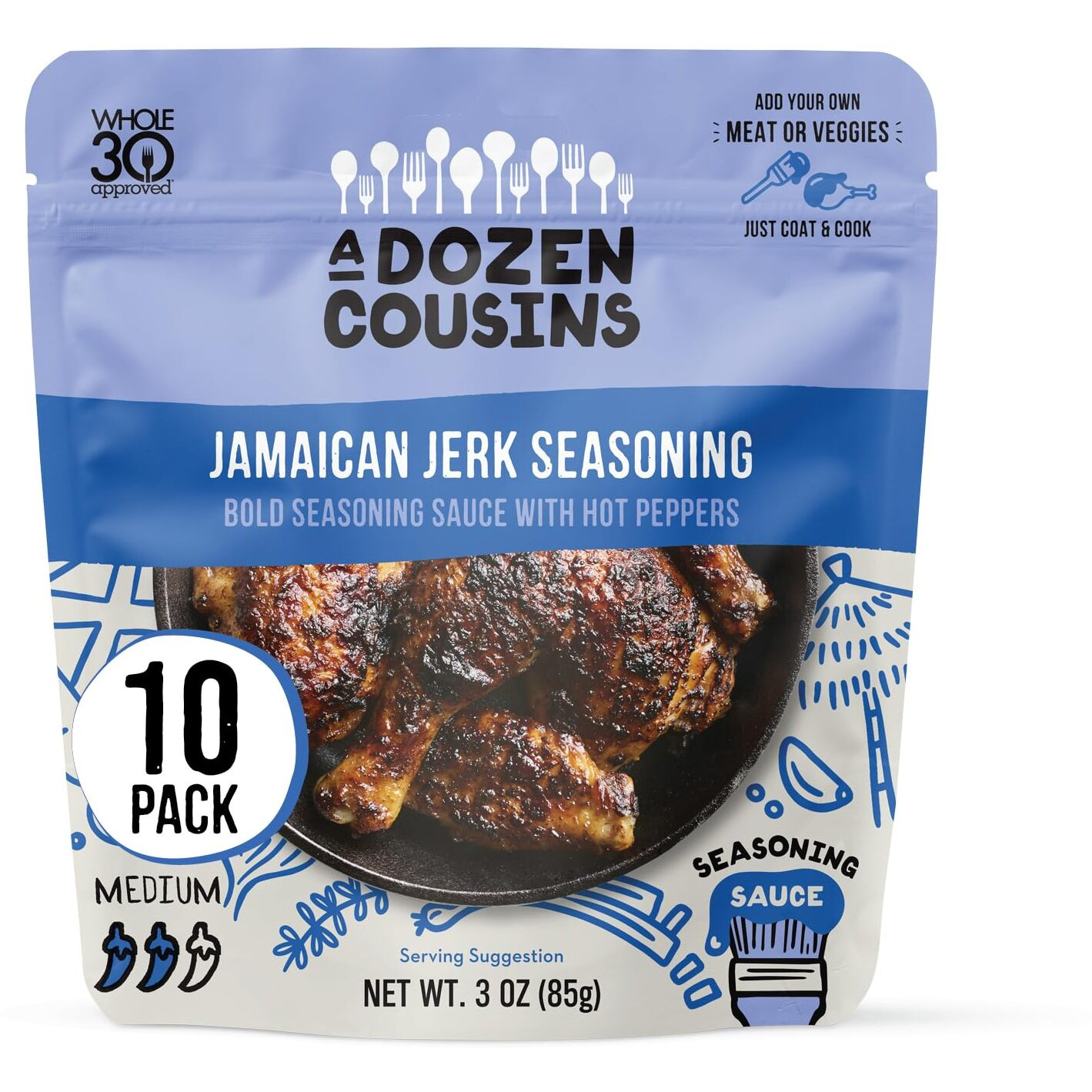 A Dozen Cousins Entr  E Seasoning Sauce Marinade - Coat And Cook For Chicken Seasoning, Bbq, Protein & More - 10 Pack - Bold Jamaican Jerk Seasoning Sauce With Hot Peppers (3Oz Each)