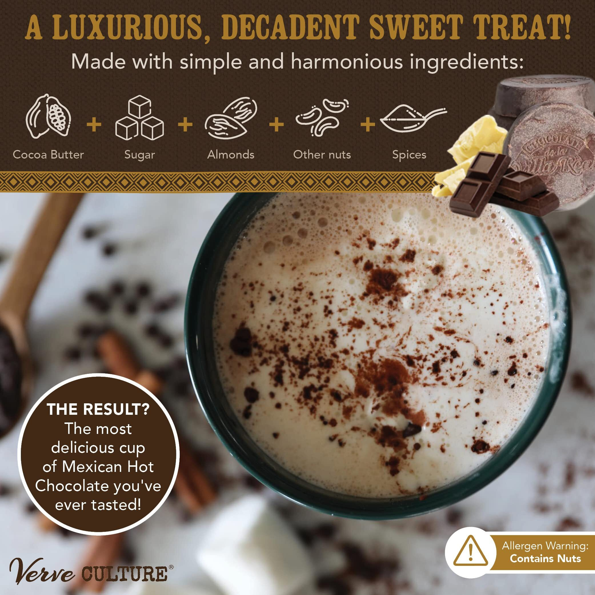 Mexican Hot Chocolate By Verve Culture, Dairy Free Vegan Hot Cocoa, Gourmet Spicy Hot Chocolate Discs, Dark Hot Chocolate, 250G Bag, 5 Discs