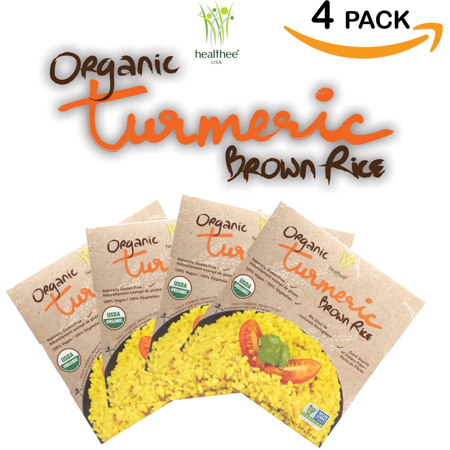 Healthee Organic Brown Rice, Gluten Free, Fully Cooked And Ready-To-Eat, Usda Certified Organic, Gmo-Free, Microwaveable (Turmeric, Pack Of 4)