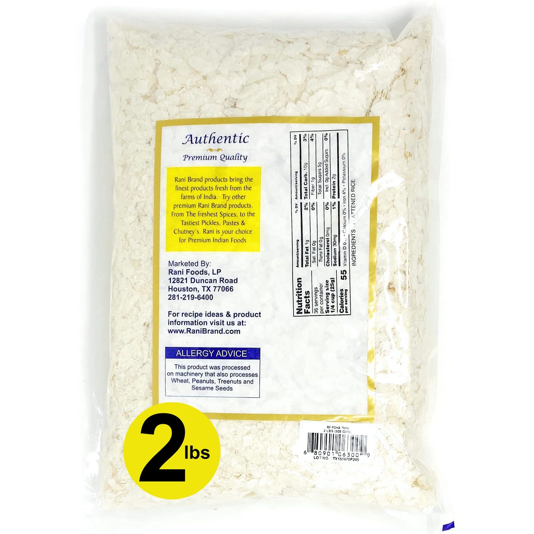 Rani Poha (Powa) Thin Cut (Flattened Rice) 32Oz (2Lbs) 908G ~ All Natural, Salt-Free | Vegan | No Colors | Gluten Friendly | Indian Origin