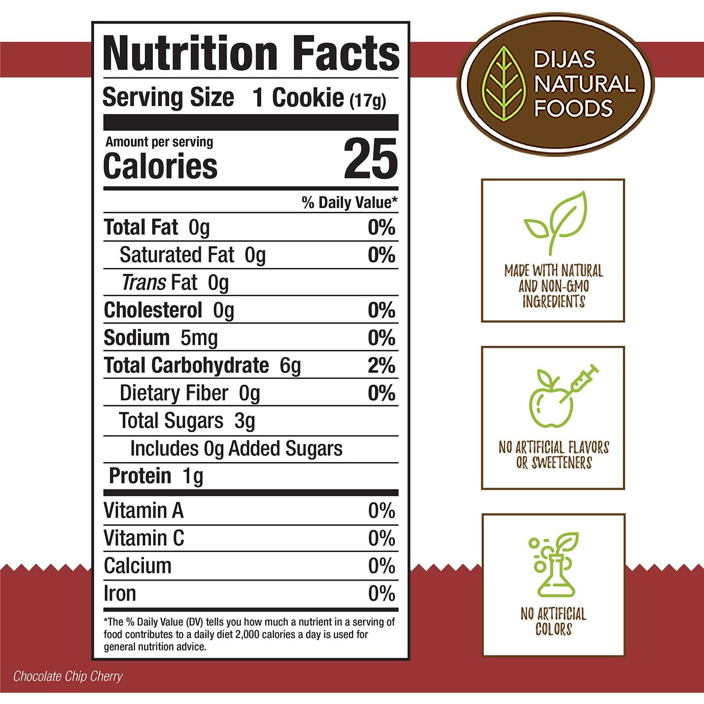 Dijas Natural Foods, Crunchy Fat Free Biscotti Cookie, All Natural Preservative Free Ingredients, Delicious Low Calorie Snack (5 Ounces, Chocolate Chip Cherry)