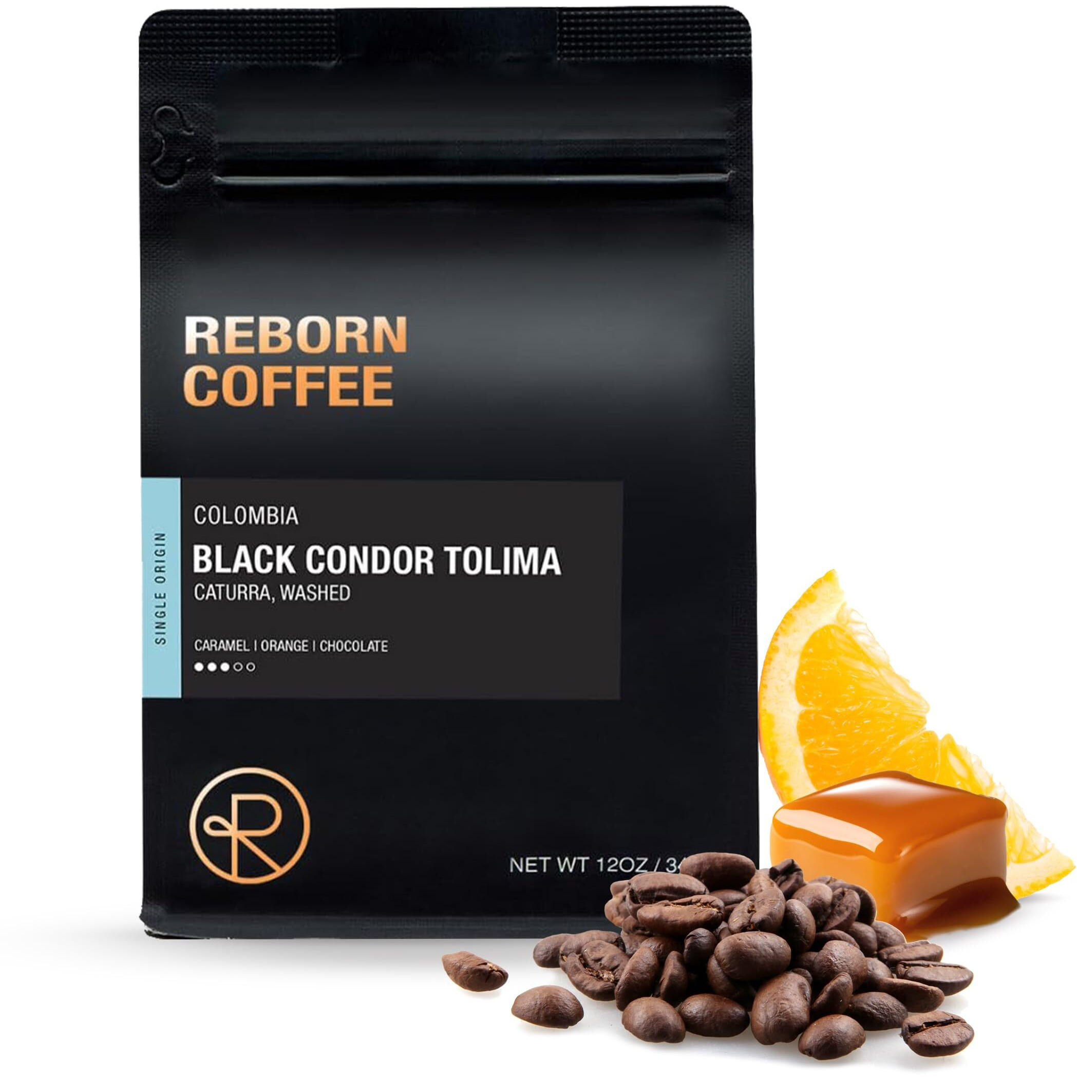 Reborn Coffee Specialty Whole Bean Coffee - Colombia Black Condor Tolima - Medium Roast, Single Origin, 100% Arabica Beans - Rich Flavor With Chocolate, Nut, And Citrus Notes, Freshly Roasted For Chemex, Drip, Kalita, 12 Oz