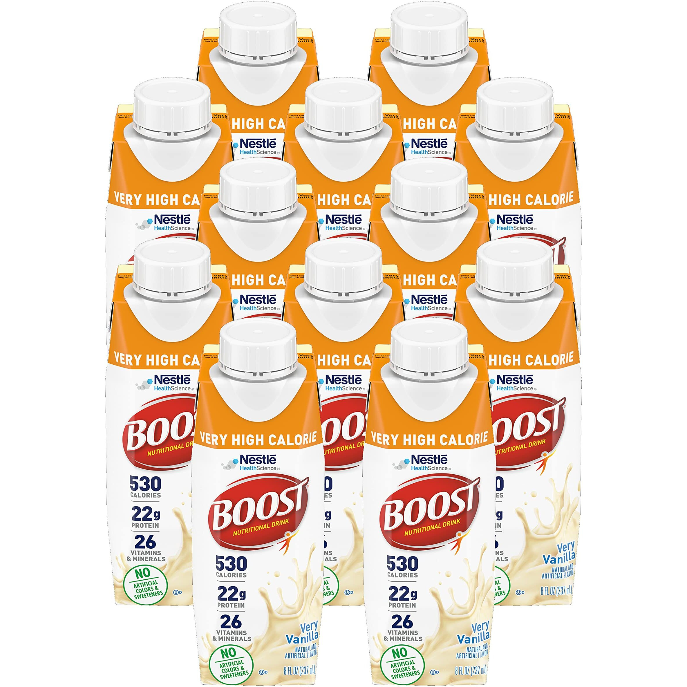 Boost Very High Calorie Nutritional Drink Very Vanilla, Made With Natural Vanilla Flavor & No Artificial Flavors, Colors & Sweeteners, 8 Fl Oz (Pack Of 12)