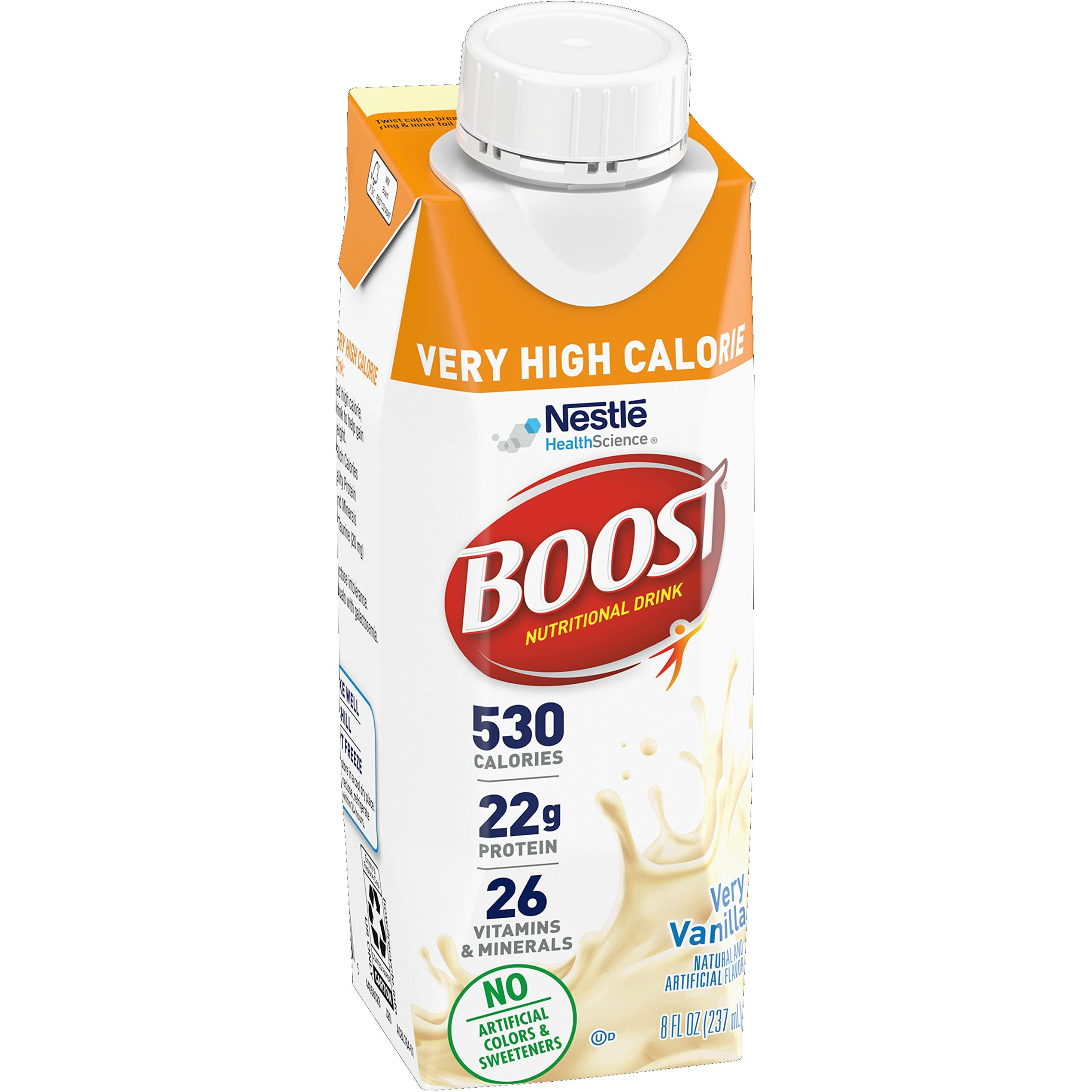Boost Very High Calorie Nutritional Drink Very Vanilla, Made With Natural Vanilla Flavor & No Artificial Flavors, Colors & Sweeteners, 8 Fl Oz (Pack Of 12)