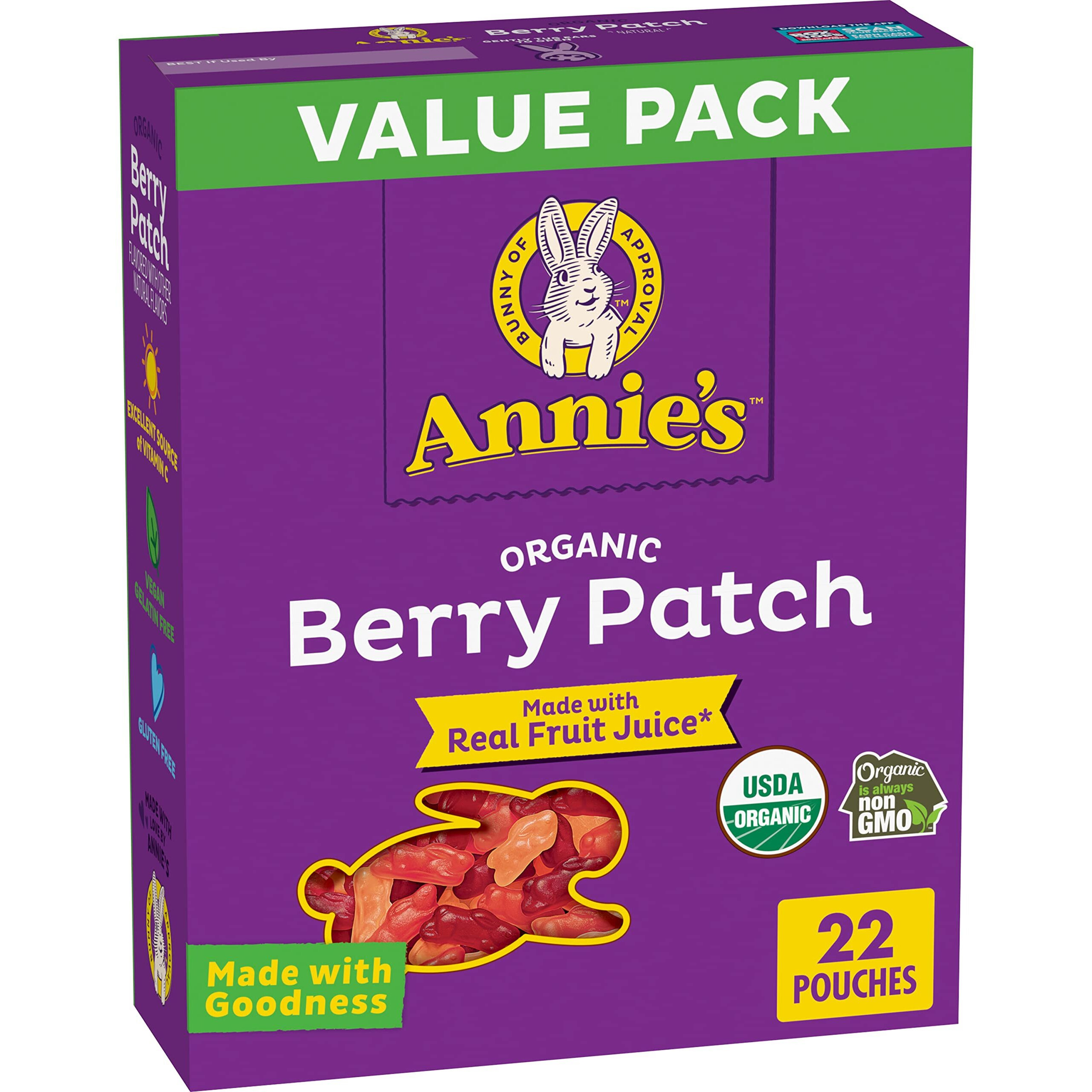 Annie's Organic Berry Patch Bunny Fruit Flavored Snacks, Gluten Free, Value Pack, Halloween Candy Alternative, 22 Pouches, 15.4 Oz.