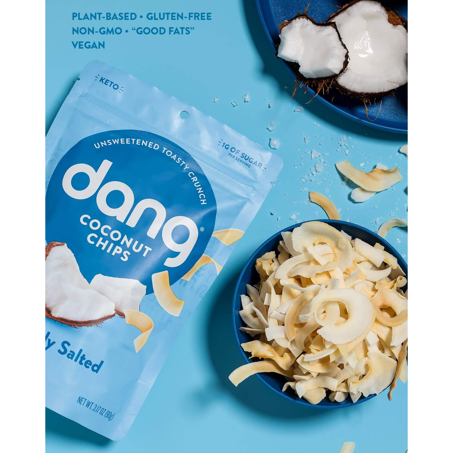 Dang Keto Toasted Coconut Chips | Lightly Salted Unsweetened | 4 Pack | Keto Certified, Vegan, Gluten Free, Paleo Friendly, Non Gmo, Healthy Snacks Made With Whole Foods | 3.17 Oz Resealable Bags