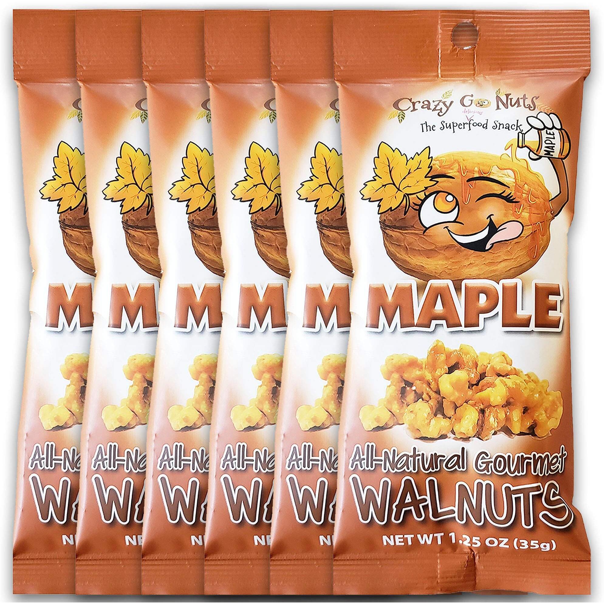 Crazy Go Nuts Walnuts Maple - Glazed Walnuts, Healthy Snacks, Vegan, Low Carb, Gluten Free, Superfood - Natural, Non-Gmo, Ala, Omega 3 Fatty Acids, Good Fats, And Antioxidants - 1.25 Oz, 6-Pack