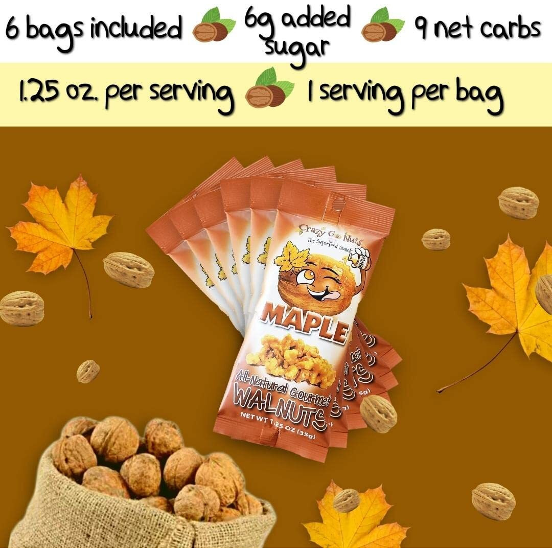 Crazy Go Nuts Walnuts Maple - Glazed Walnuts, Healthy Snacks, Vegan, Low Carb, Gluten Free, Superfood - Natural, Non-Gmo, Ala, Omega 3 Fatty Acids, Good Fats, And Antioxidants - 1.25 Oz, 6-Pack