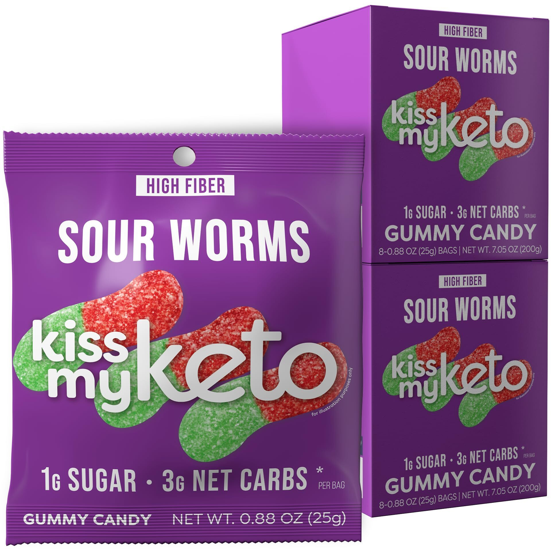 Kiss My Keto Sour Gummy Worms - 1G Sugar, Low Carb, High Fiber, Non-Gmo Sour Gummies Candy - Healthy Sour Worms Candy, Delicious Sour Gummy Candy Gummy Worm - Gummy Worms Individual Packets (16-Pack)
