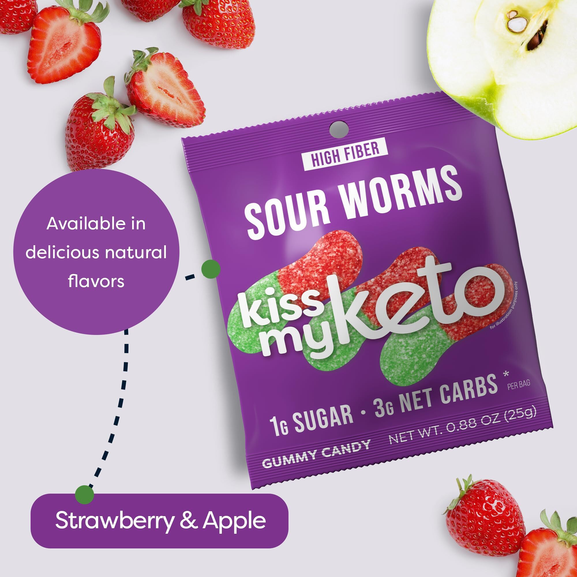Kiss My Keto Sour Gummy Worms - 1G Sugar, Low Carb, High Fiber, Non-Gmo Sour Gummies Candy - Healthy Sour Worms Candy, Delicious Sour Gummy Candy Gummy Worm - Gummy Worms Individual Packets (16-Pack)