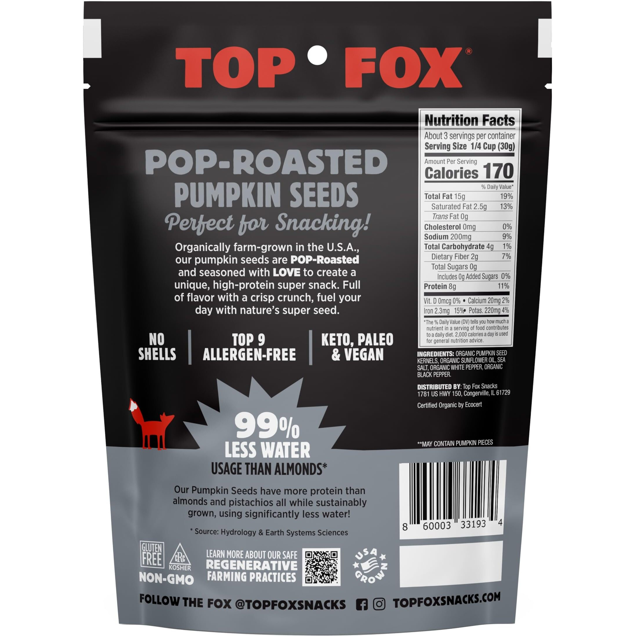 Top Fox Snacks - Organic Pop-Roasted Pumpkin Seeds | Healthy Protein Snacks - Gluten Free - Keto And Vegan Friendly (Salt & Pepper, 3.5 Oz - 2 Pack)