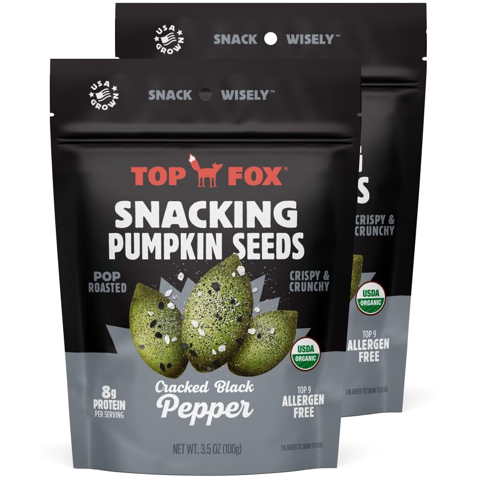 Top Fox Snacks - Organic Pop-Roasted Pumpkin Seeds | Healthy Protein Snacks - Gluten Free - Keto And Vegan Friendly (Salt & Pepper, 3.5 Oz - 2 Pack)